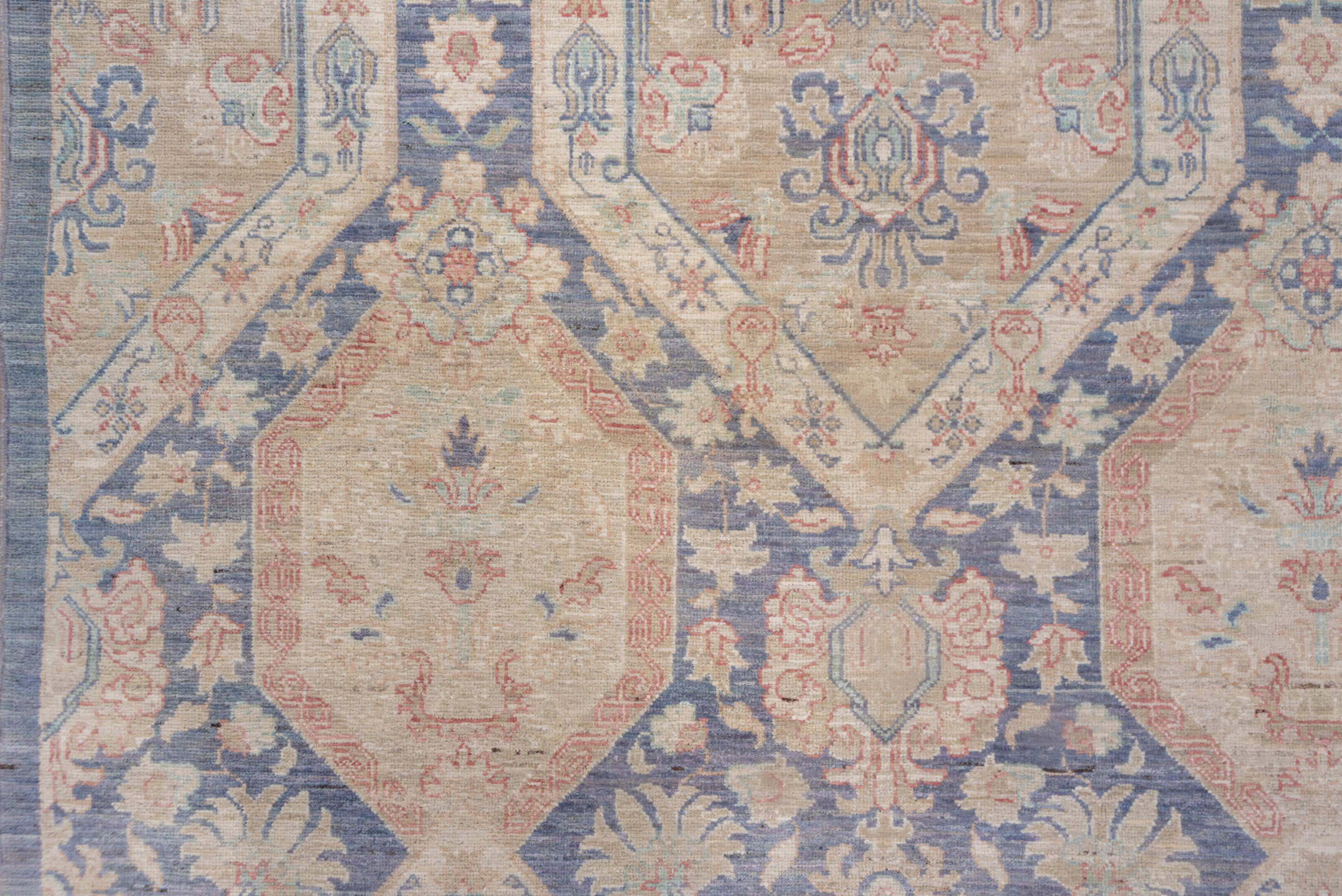 8' x 12' one-of-a-kind handmade vintage Afghan large size rug. Color palette: powder blue, ivory, blush, taupe, slate, cream