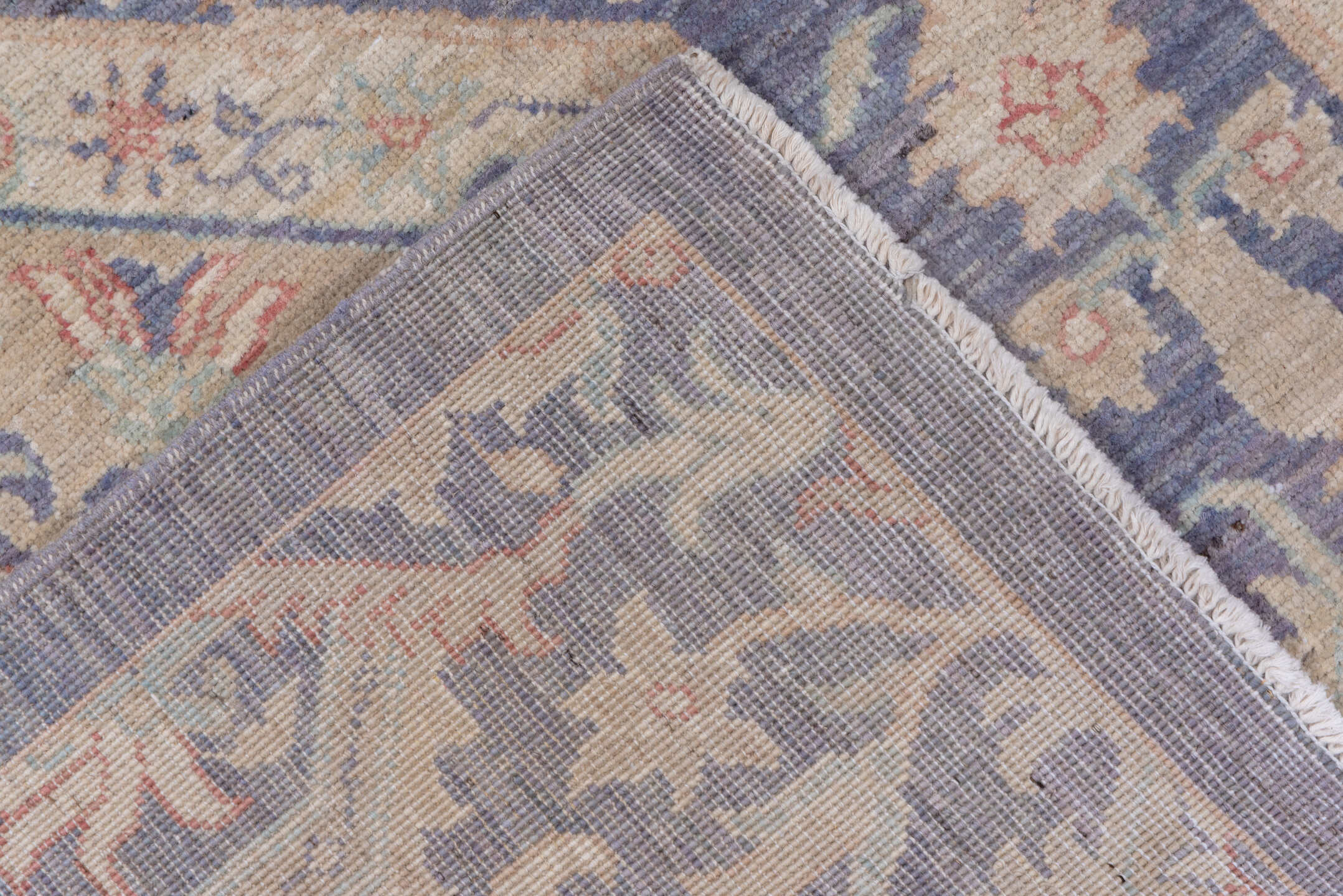 8' x 12' one-of-a-kind handmade vintage Afghan large size rug. Color palette: powder blue, ivory, blush, taupe, slate, cream