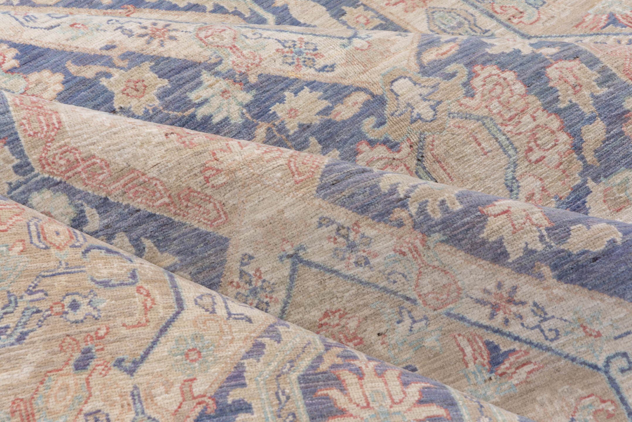 8' x 12' one-of-a-kind handmade vintage Afghan large size rug. Color palette: powder blue, ivory, blush, taupe, slate, cream