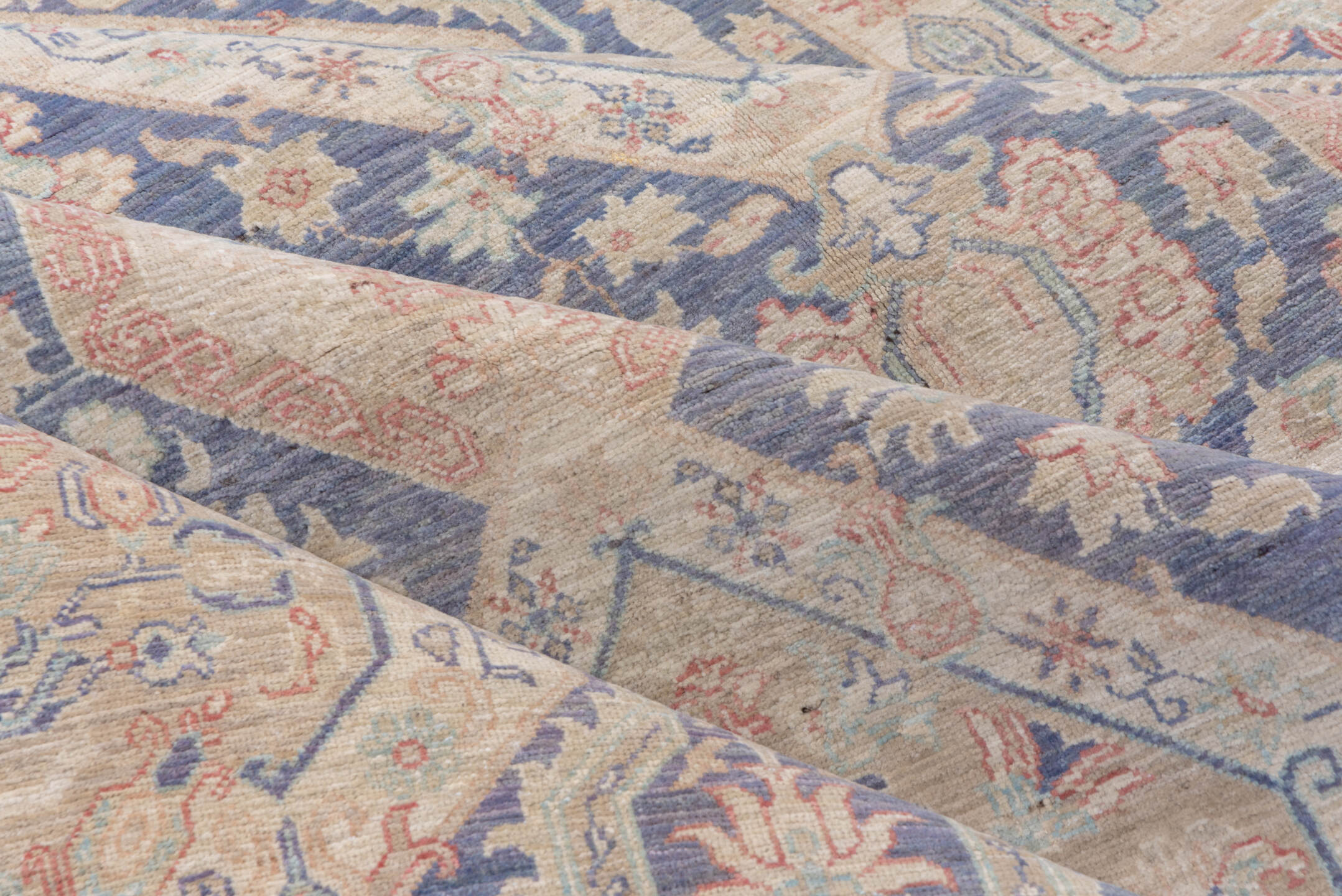 8' x 12' one-of-a-kind handmade vintage Afghan large size rug. Color palette: powder blue, ivory, blush, taupe, slate, cream