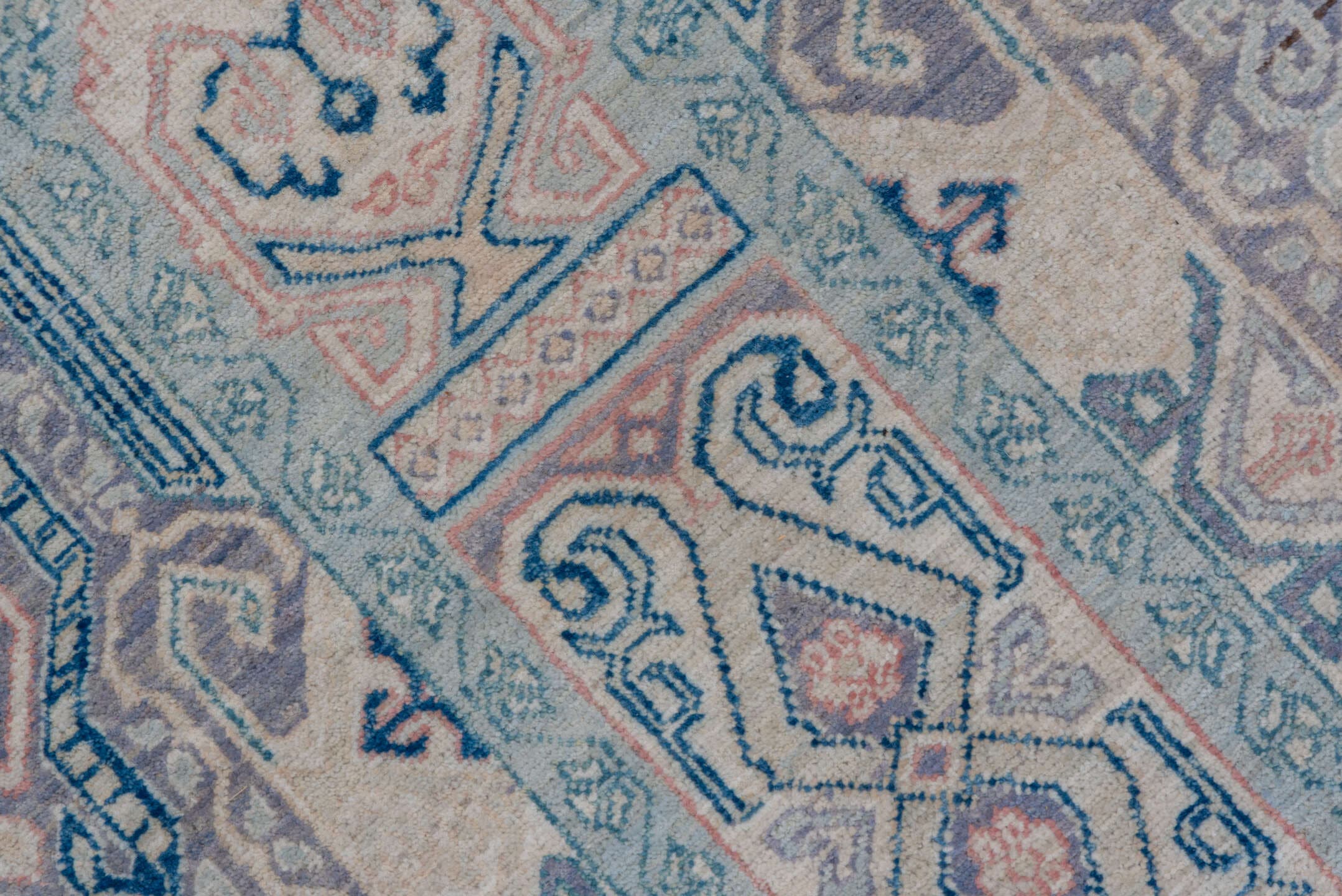 10' x 13' one-of-a-kind handmade vintage Afghan large size rug. Color palette: powder blue, ivory, pale lavender, slate