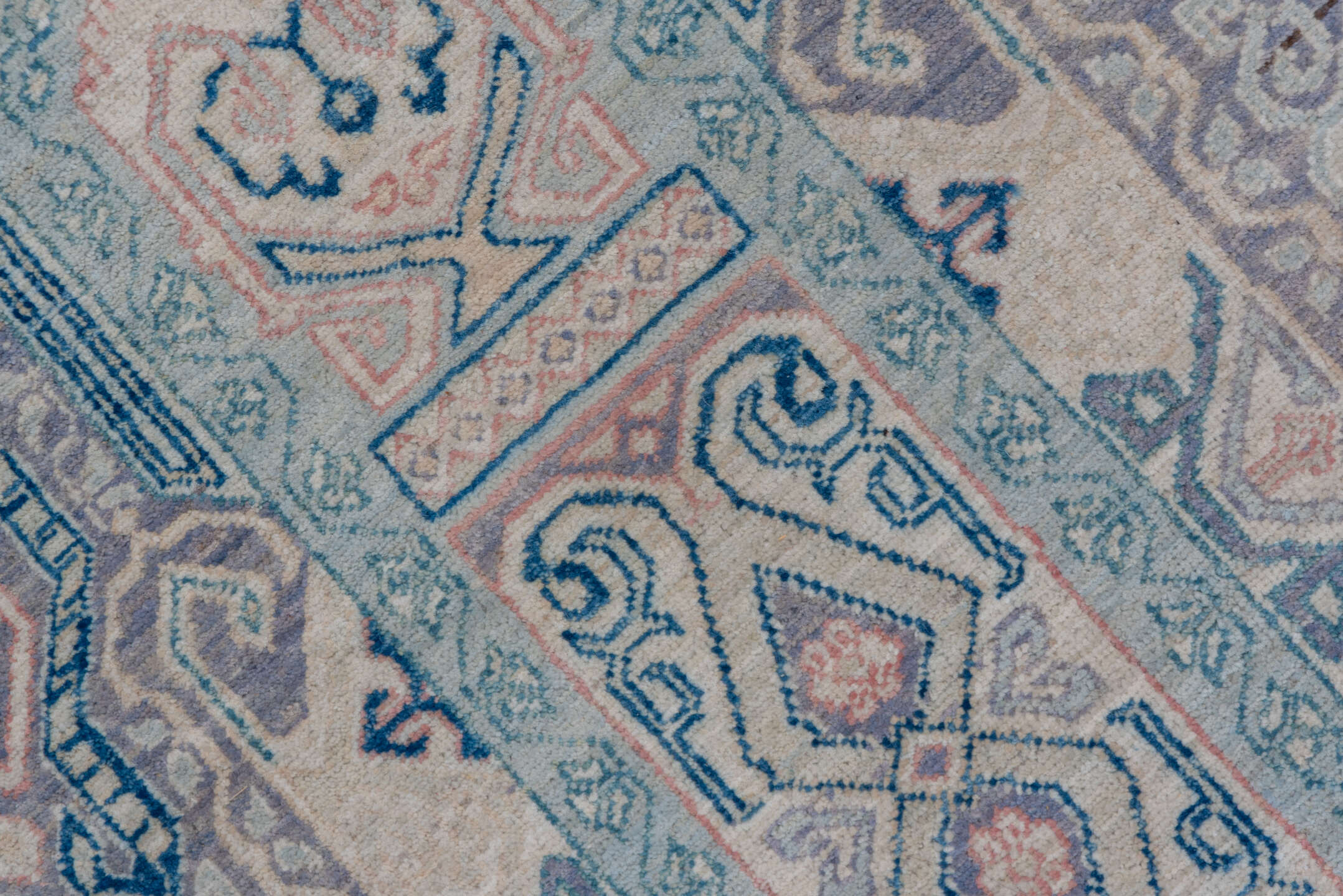 10' x 13' one-of-a-kind handmade vintage Afghan large size rug. Color palette: powder blue, ivory, pale lavender, slate