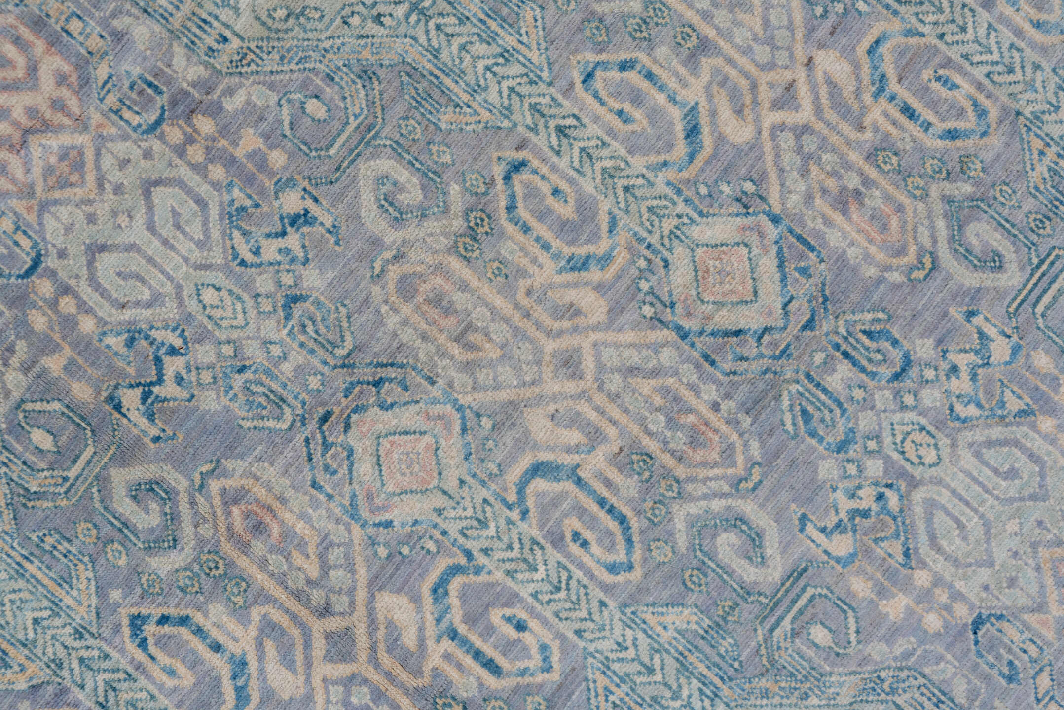 7' x 10' one-of-a-kind handmade vintage Afghan large size rug. Color palette: sky blue, ivory, pale blue, slate, taupe