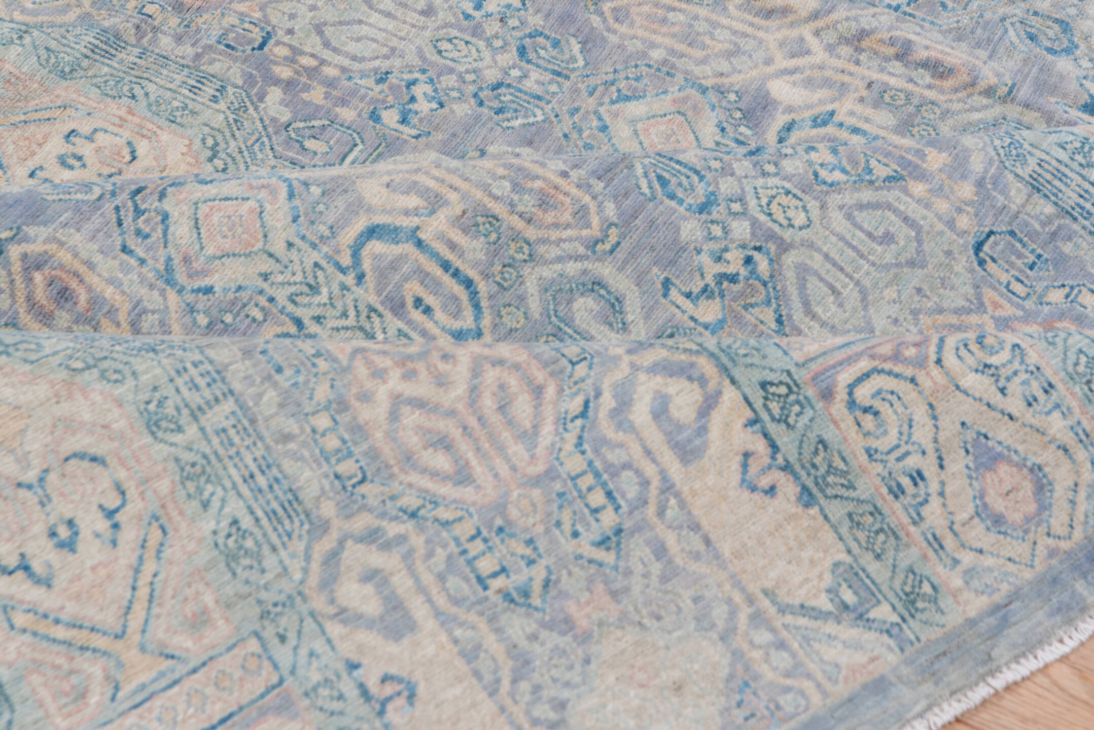 7' x 10' one-of-a-kind handmade vintage Afghan large size rug. Color palette: sky blue, ivory, pale blue, slate, taupe