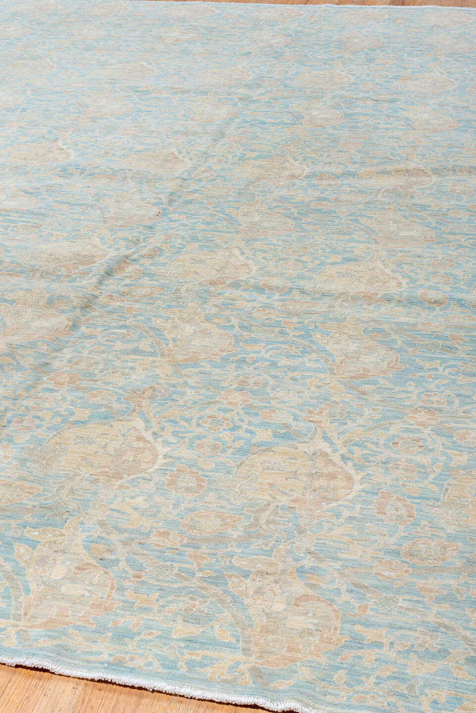 10' x 13' one-of-a-kind handmade vintage Afghan large size rug. Color palette: sky blue, ivory, cream, blush, taupe