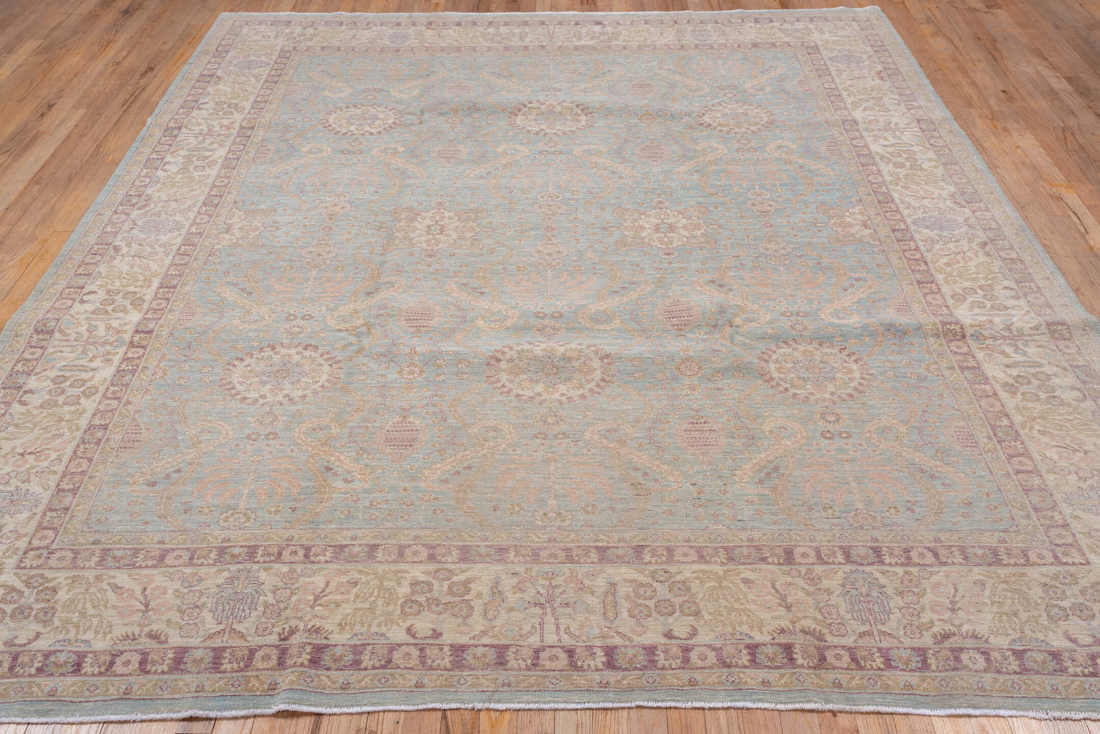 8' x 9' one-of-a-kind handmade vintage Afghan rug. Color palette: light blue, ivory, taupe, dusty rose, beige, lavender