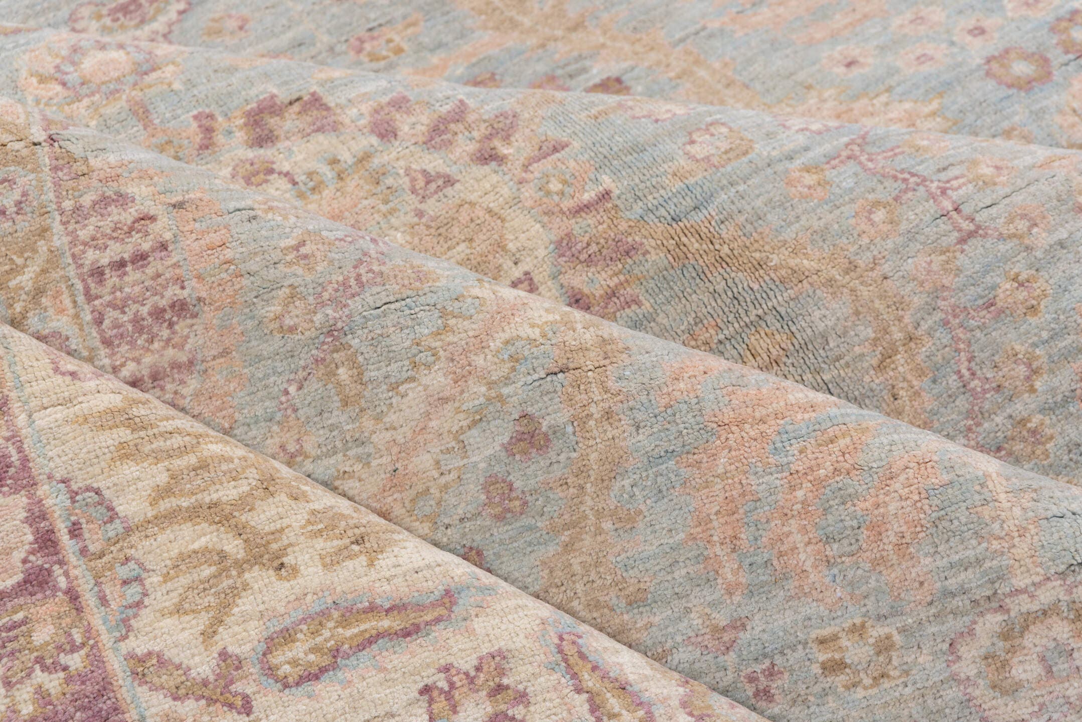 8' x 9' one-of-a-kind handmade vintage Afghan rug. Color palette: light blue, ivory, taupe, dusty rose, beige, lavender