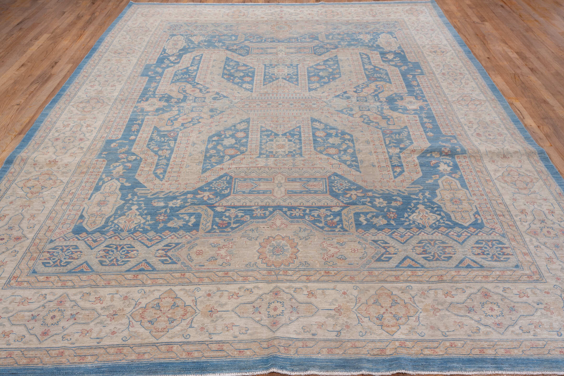 9' x 12' one-of-a-kind handmade vintage Afghan large size rug. Color palette: ivory, sky blue, powder blue, blush, taupe