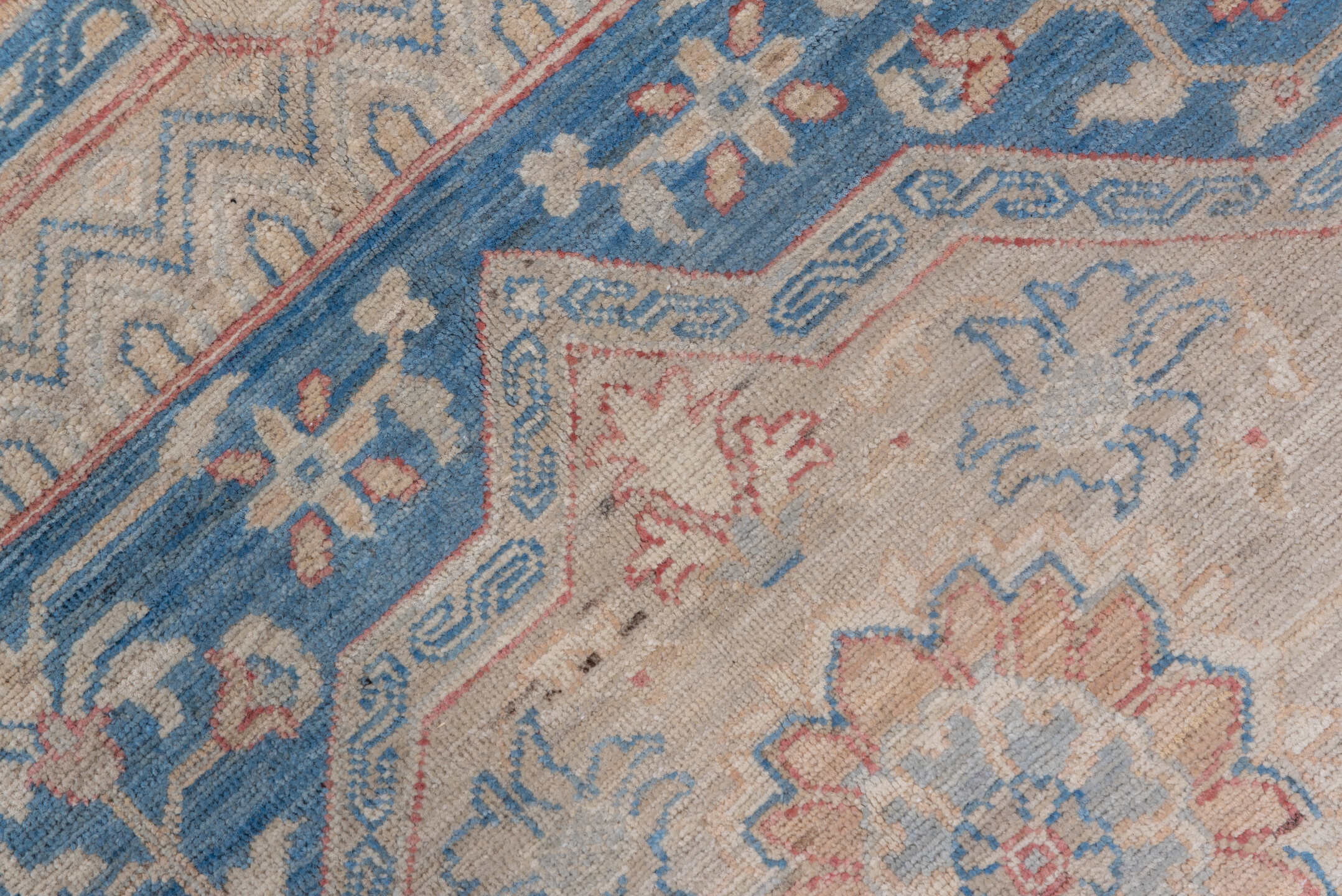 9' x 12' one-of-a-kind handmade vintage Afghan large size rug. Color palette: ivory, sky blue, powder blue, blush, taupe
