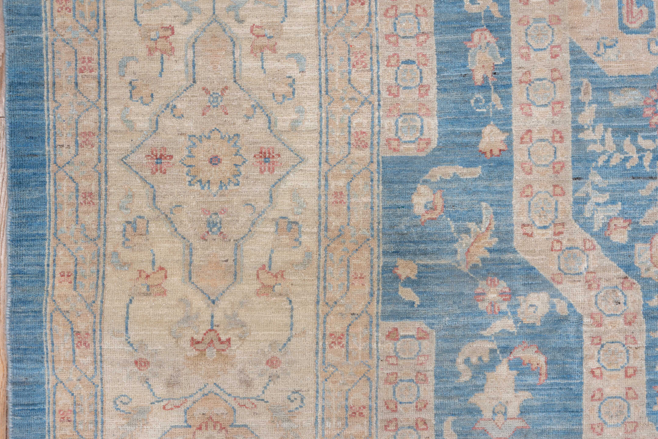 9' x 12' one-of-a-kind handmade vintage Afghan large size rug. Color palette: ivory, sky blue, powder blue, blush, taupe