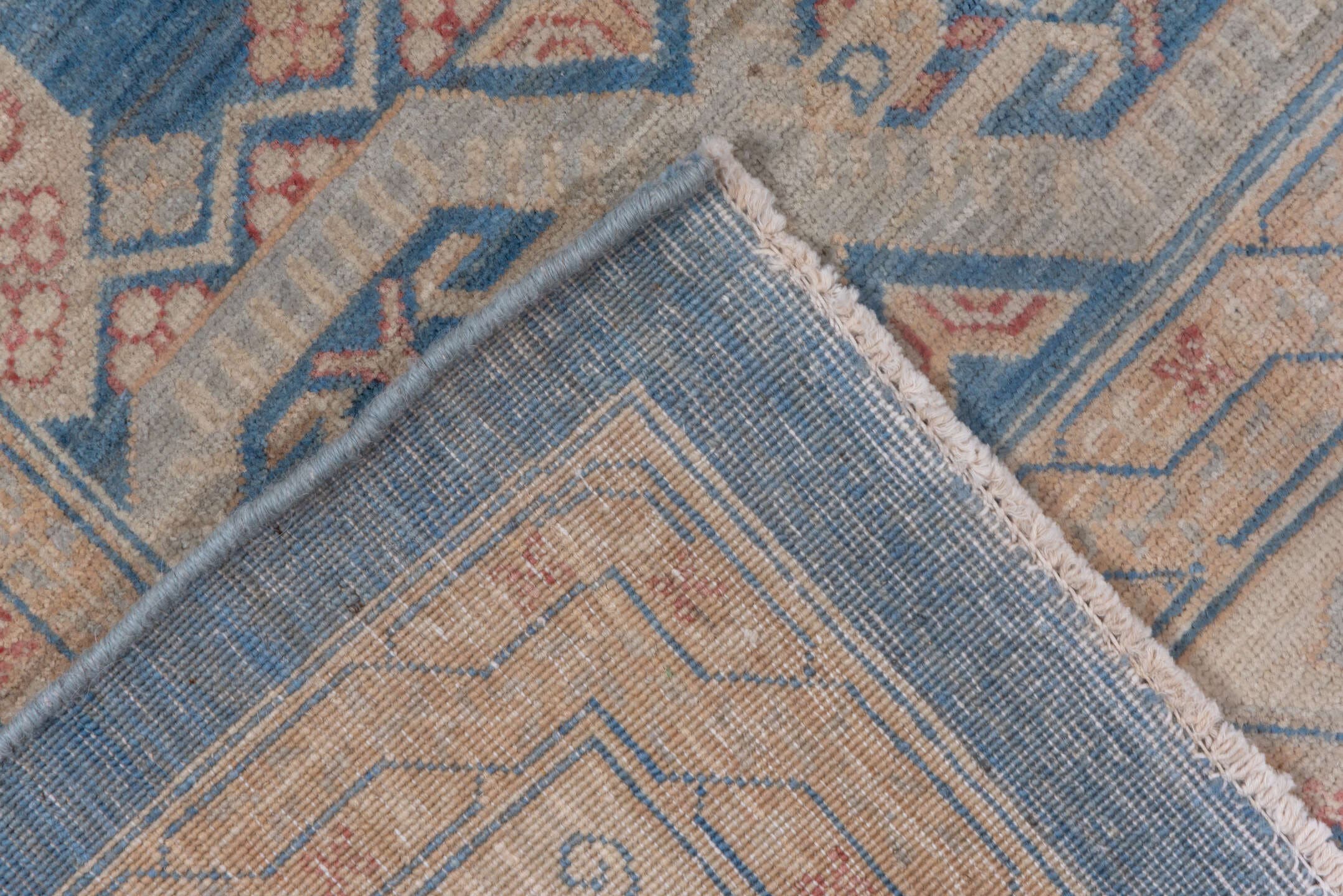 9' x 12' one-of-a-kind handmade vintage Afghan large size rug. Color palette: ivory, sky blue, powder blue, blush, taupe