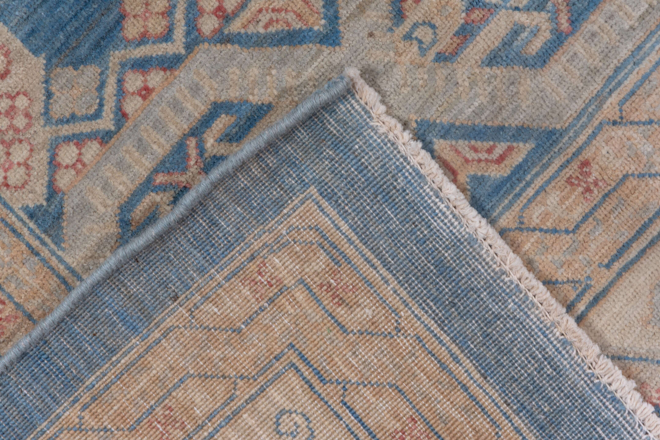 9' x 12' one-of-a-kind handmade vintage Afghan large size rug. Color palette: ivory, sky blue, powder blue, blush, taupe