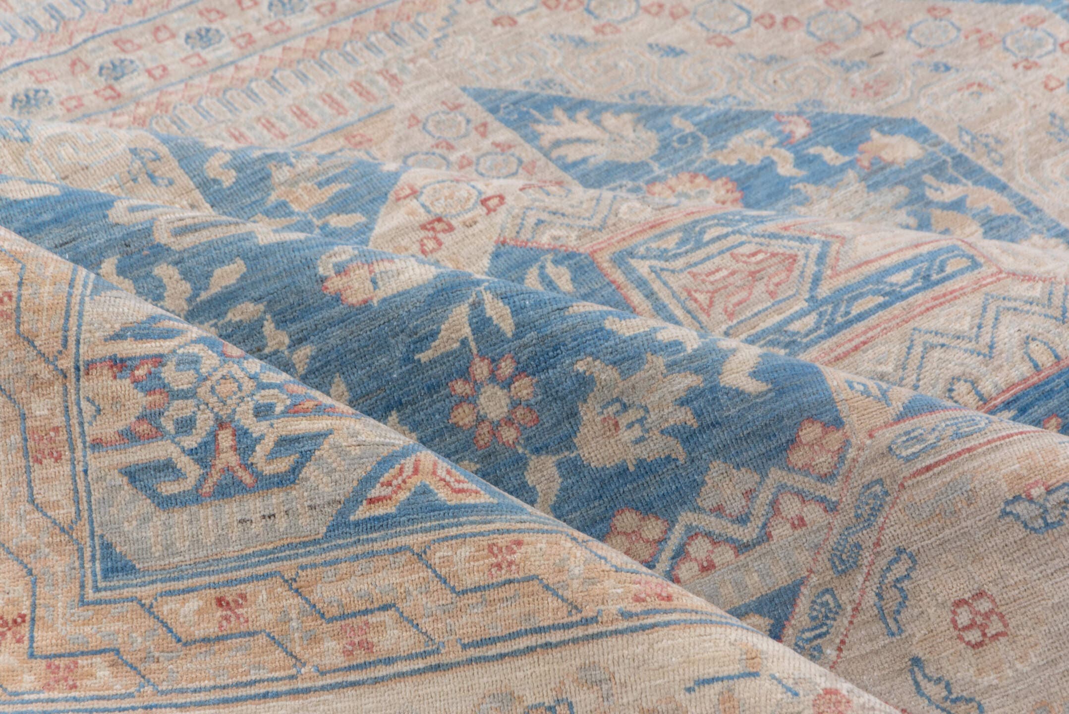 9' x 12' one-of-a-kind handmade vintage Afghan large size rug. Color palette: ivory, sky blue, powder blue, blush, taupe