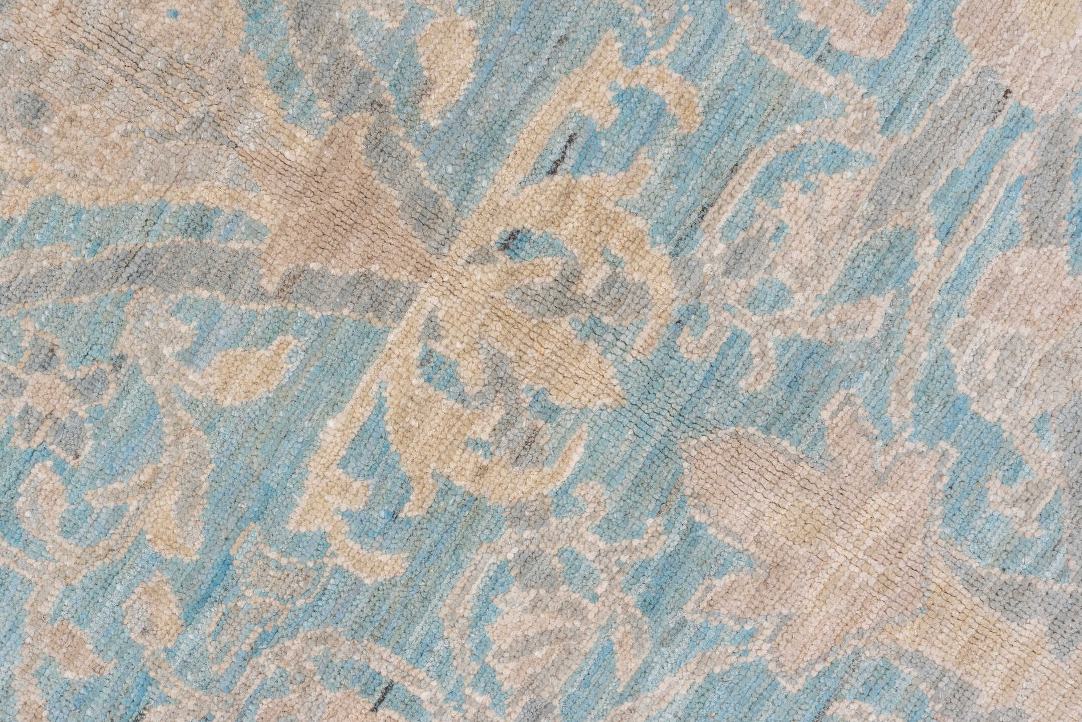 9' x 11' one-of-a-kind handmade vintage Afghan large size rug. Color palette: sky blue, ivory, beige, taupe, cream