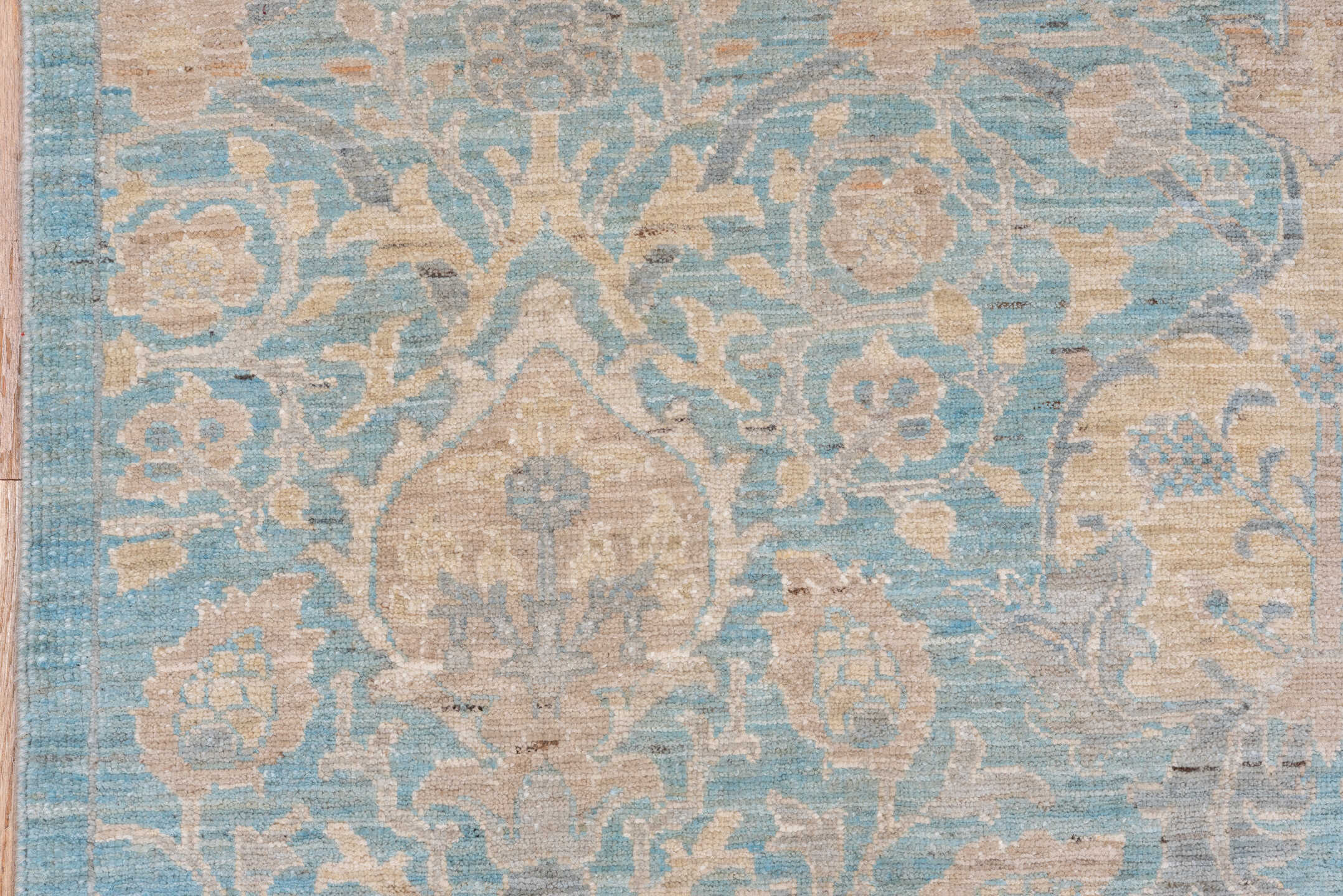 9' x 11' one-of-a-kind handmade vintage Afghan large size rug. Color palette: sky blue, ivory, beige, taupe, cream