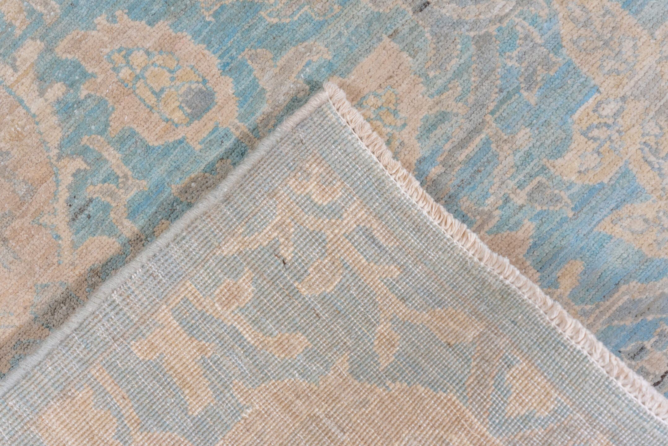 9' x 11' one-of-a-kind handmade vintage Afghan large size rug. Color palette: sky blue, ivory, beige, taupe, cream