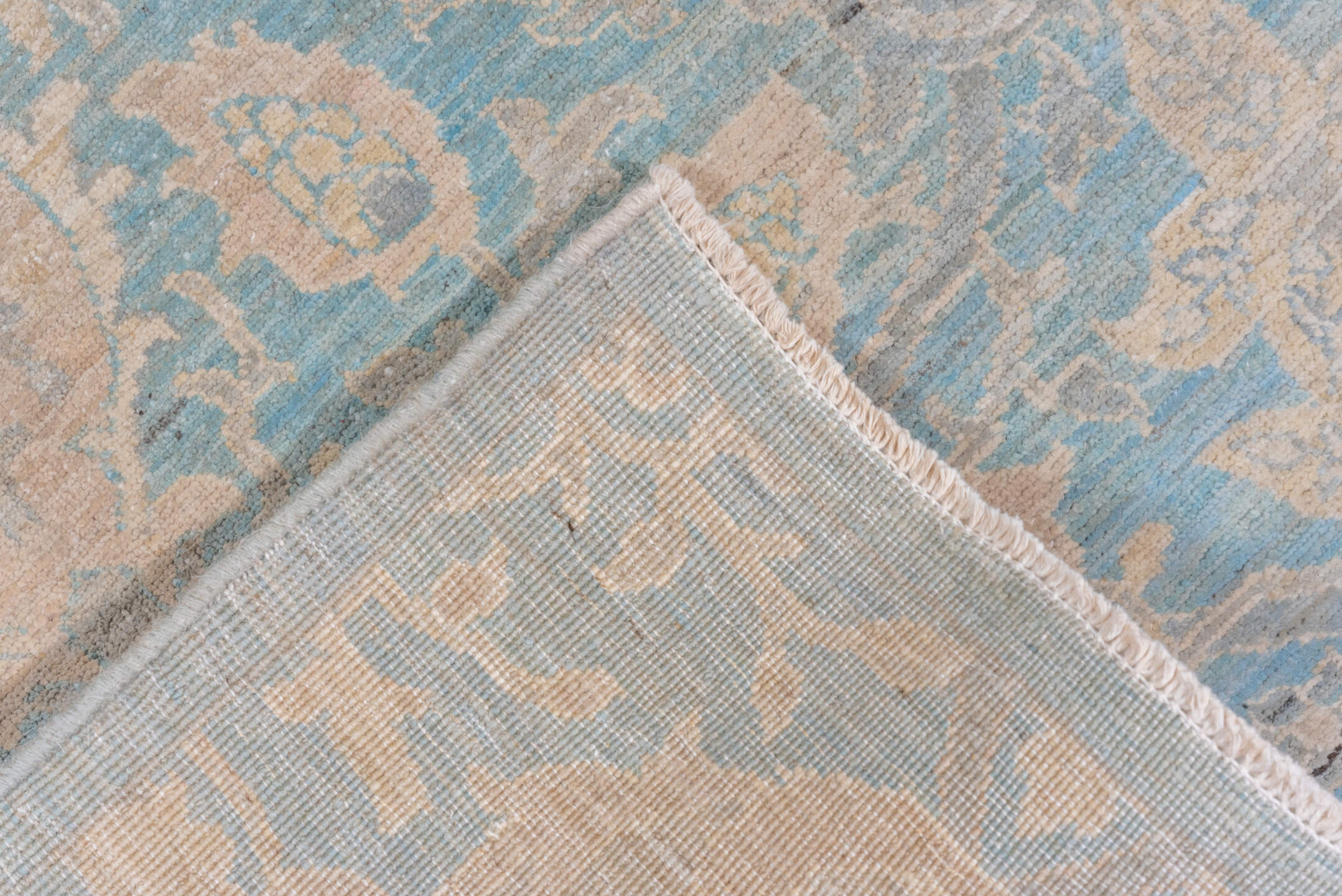 9' x 11' one-of-a-kind handmade vintage Afghan large size rug. Color palette: sky blue, ivory, beige, taupe, cream