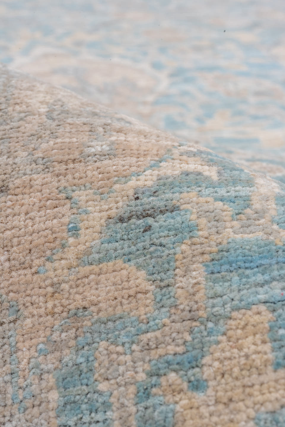 9' x 11' one-of-a-kind handmade vintage Afghan large size rug. Color palette: sky blue, ivory, beige, taupe, cream