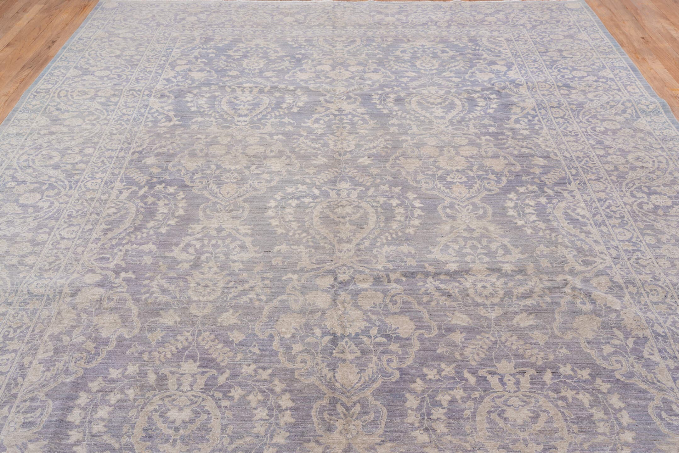 9' x 12' one-of-a-kind handmade vintage Afghan large size rug. Color palette: lavender, ivory, pale blue, taupe, light gray