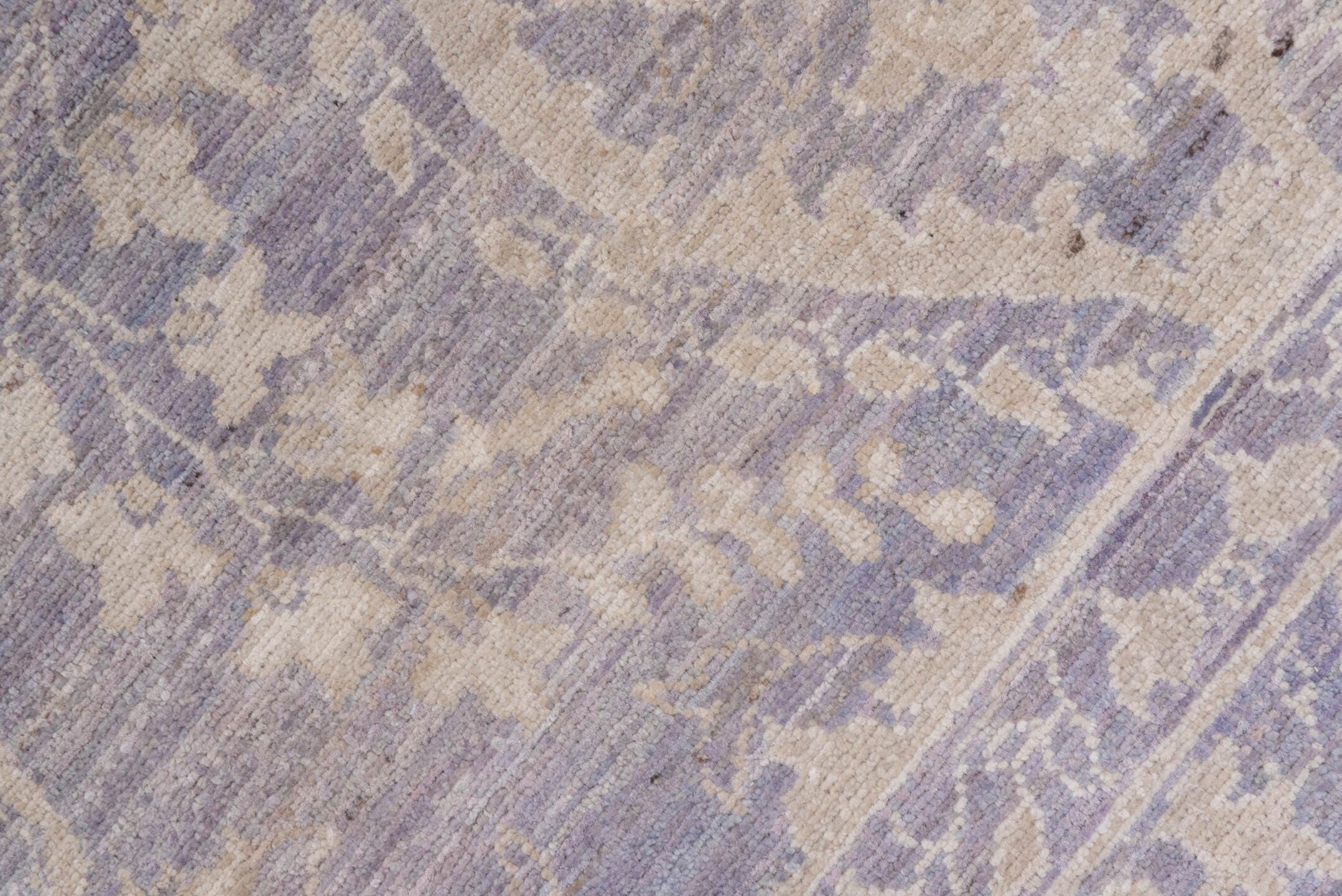 9' x 12' one-of-a-kind handmade vintage Afghan large size rug. Color palette: lavender, ivory, pale blue, taupe, light gray