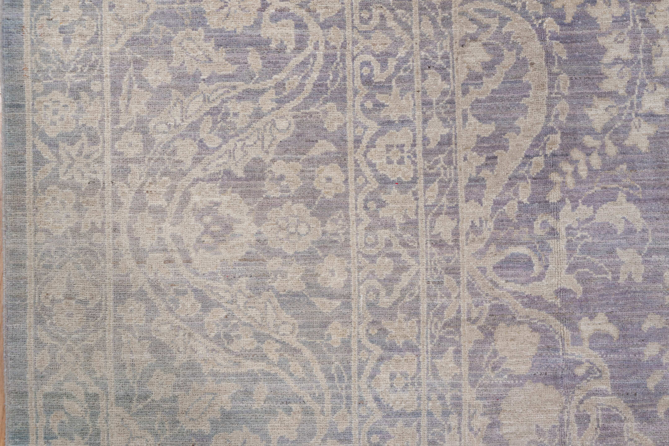9' x 12' one-of-a-kind handmade vintage Afghan large size rug. Color palette: lavender, ivory, pale blue, taupe, light gray