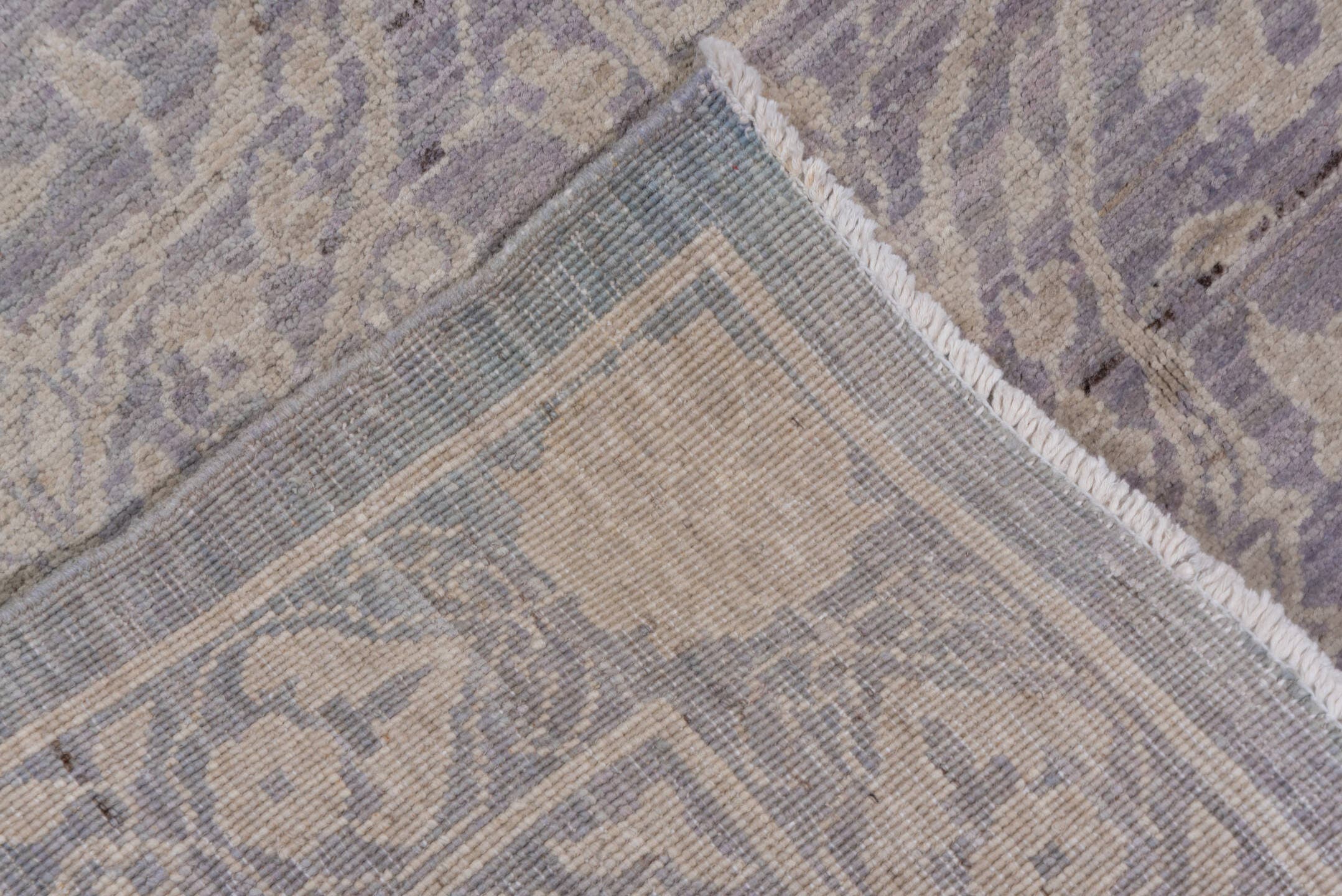 9' x 12' one-of-a-kind handmade vintage Afghan large size rug. Color palette: lavender, ivory, pale blue, taupe, light gray