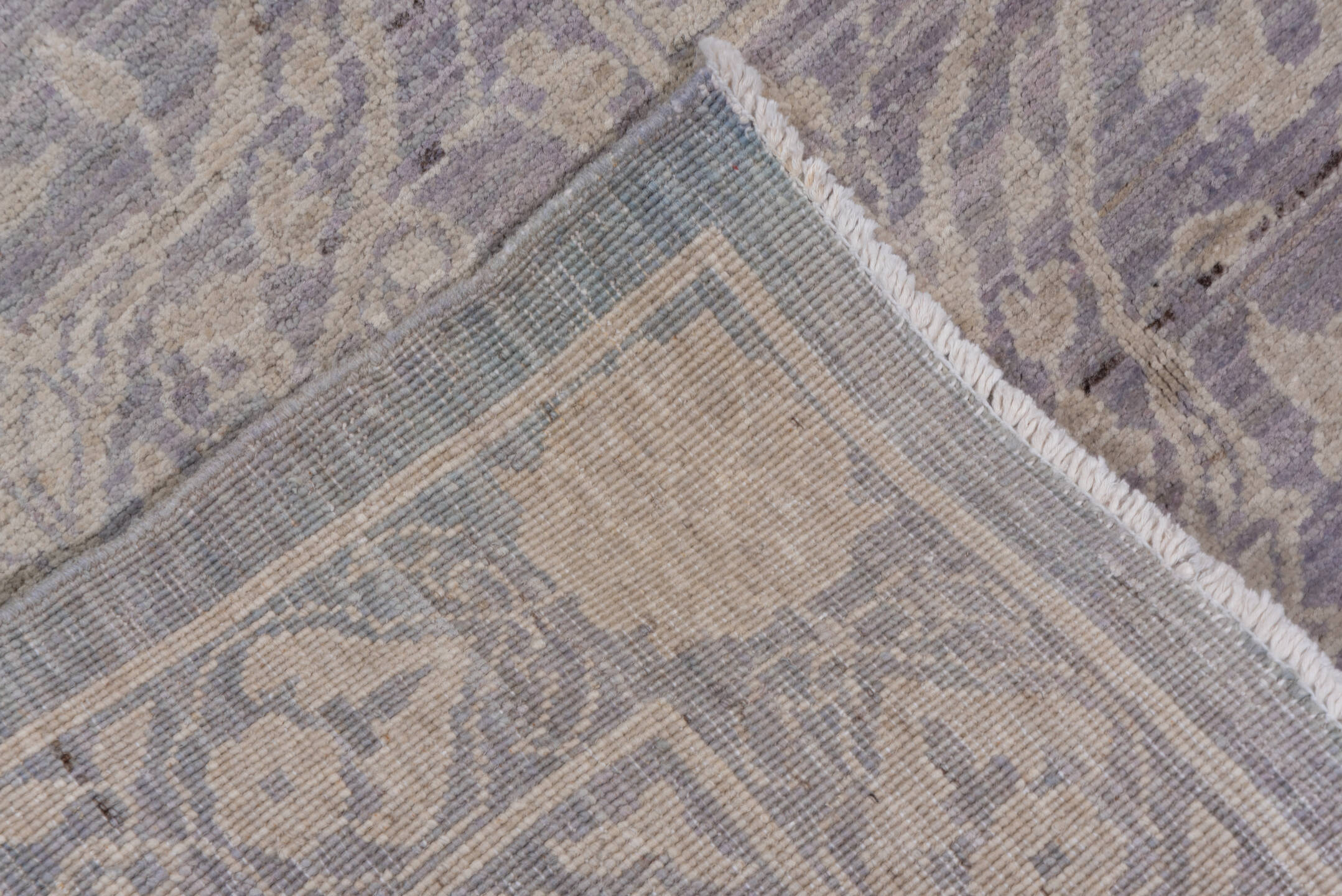 9' x 12' one-of-a-kind handmade vintage Afghan large size rug. Color palette: lavender, ivory, pale blue, taupe, light gray
