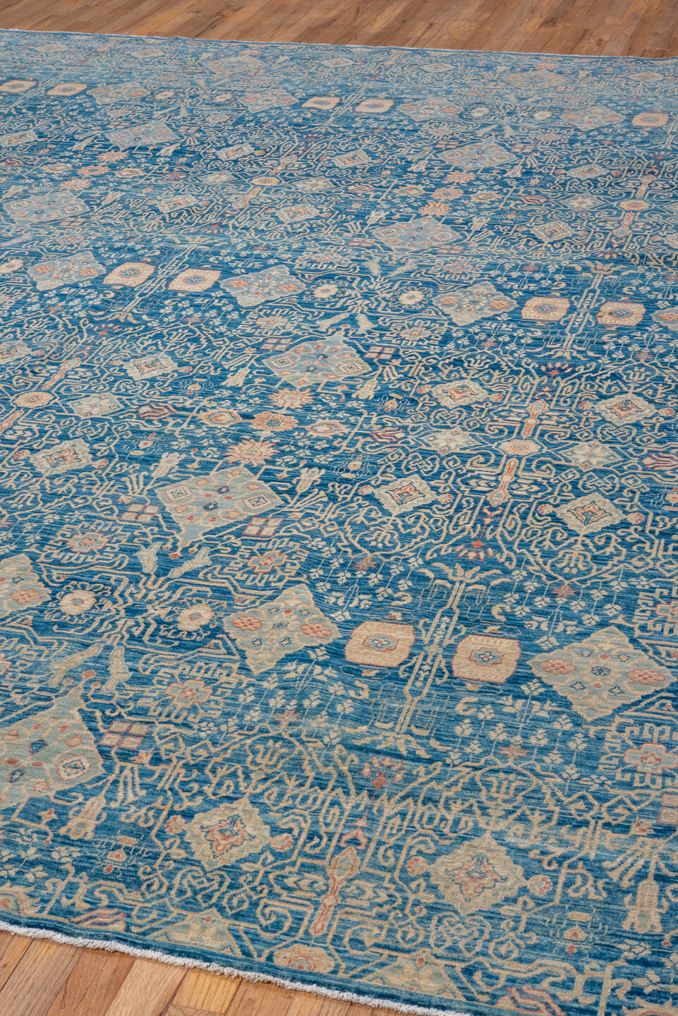 8' x 11' one-of-a-kind handmade vintage Afghan large size rug. Color palette: blue, brown, gray, light blue, light gray