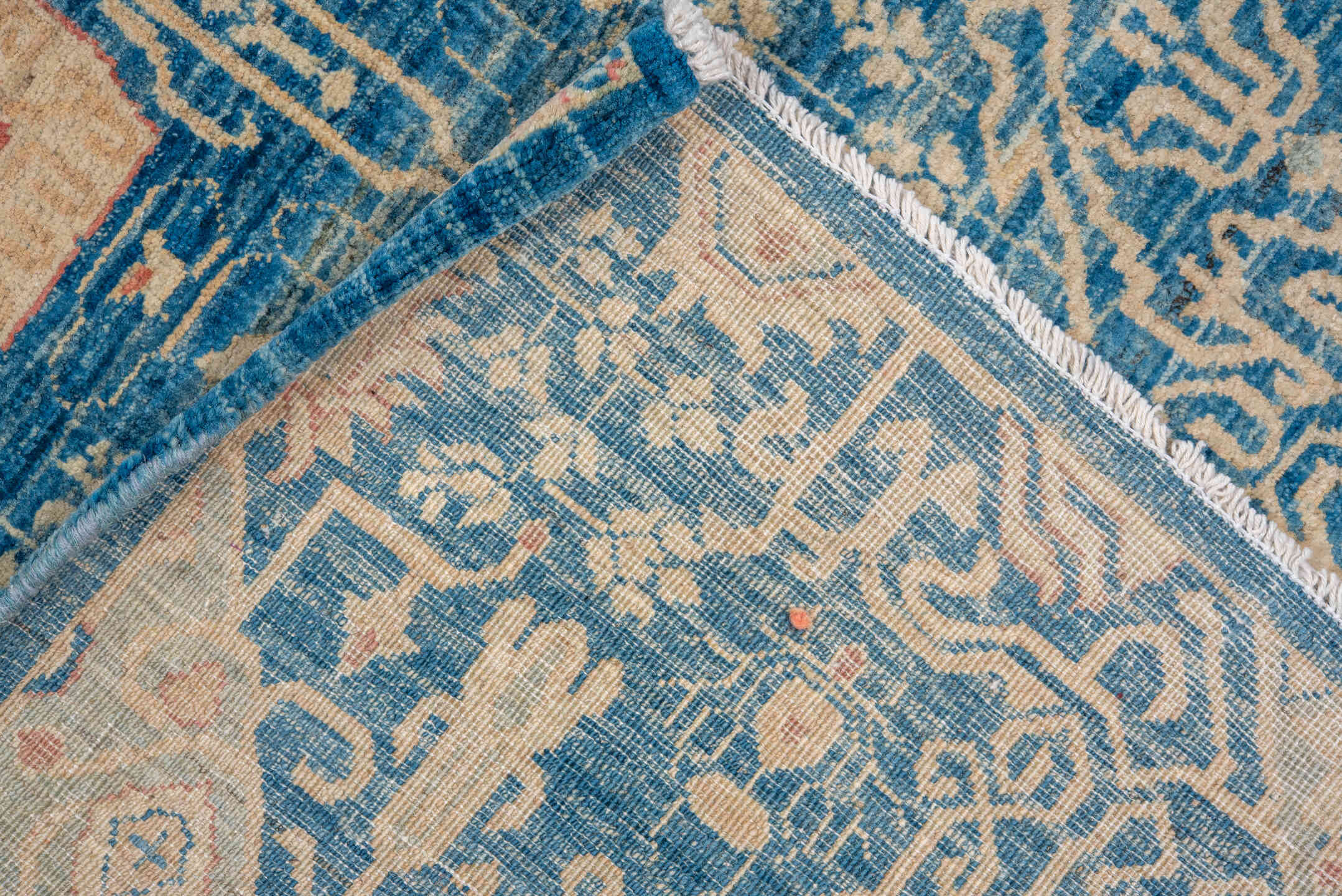 8' x 11' one-of-a-kind handmade vintage Afghan large size rug. Color palette: blue, brown, gray, light blue, light gray