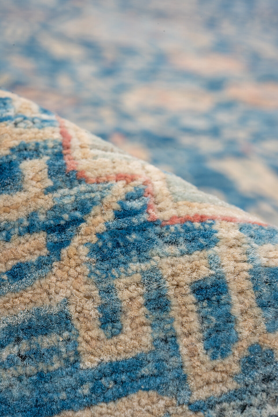 8' x 11' one-of-a-kind handmade vintage Afghan large size rug. Color palette: blue, brown, gray, light blue, light gray