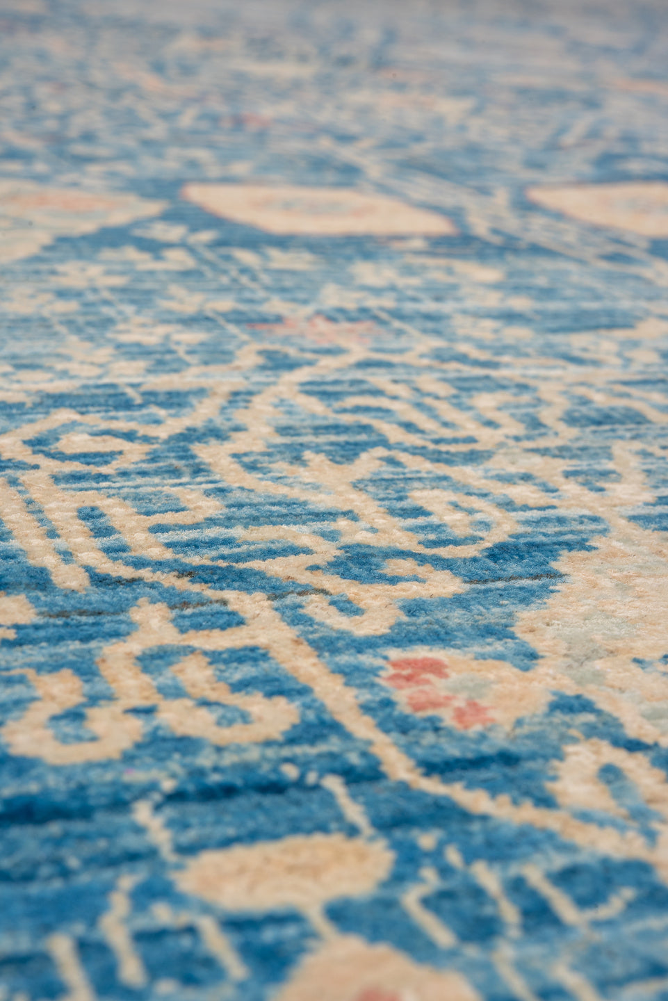 8' x 11' one-of-a-kind handmade vintage Afghan large size rug. Color palette: blue, brown, gray, light blue, light gray