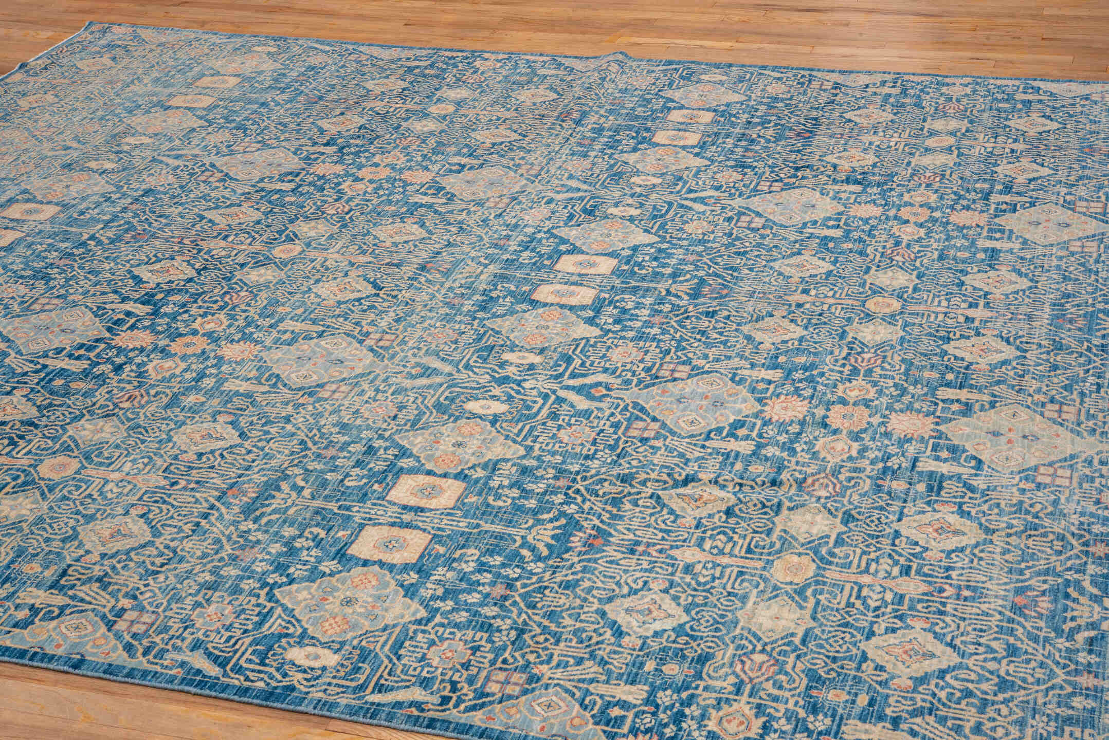 8' x 11' one-of-a-kind handmade vintage Afghan large size rug. Color palette: blue, brown, gray, light blue, light gray