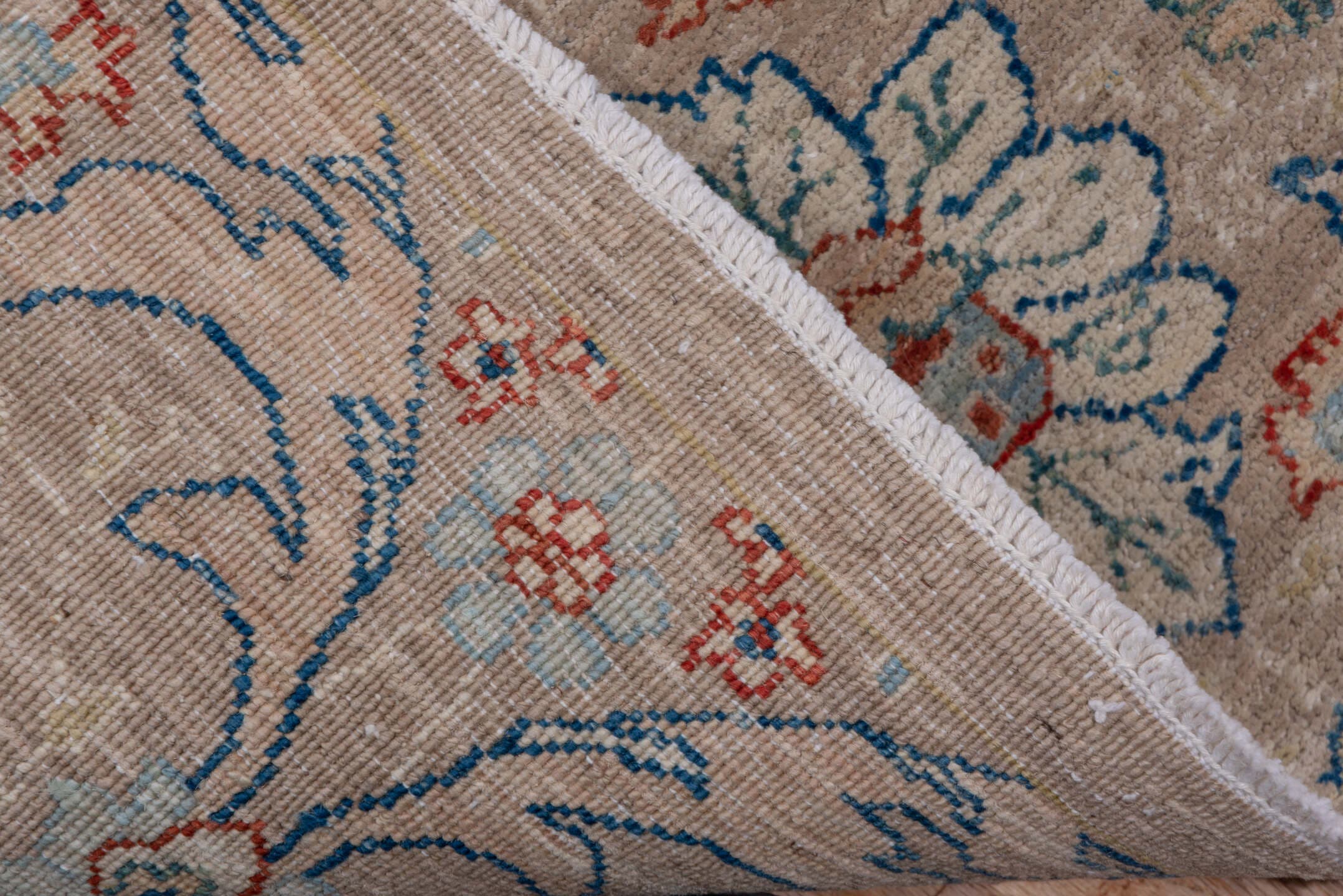 6' x 8' one-of-a-kind handmade vintage Afghan medium size rug. Color palette: taupe, ivory, slate, camel, powder_blue, rust
