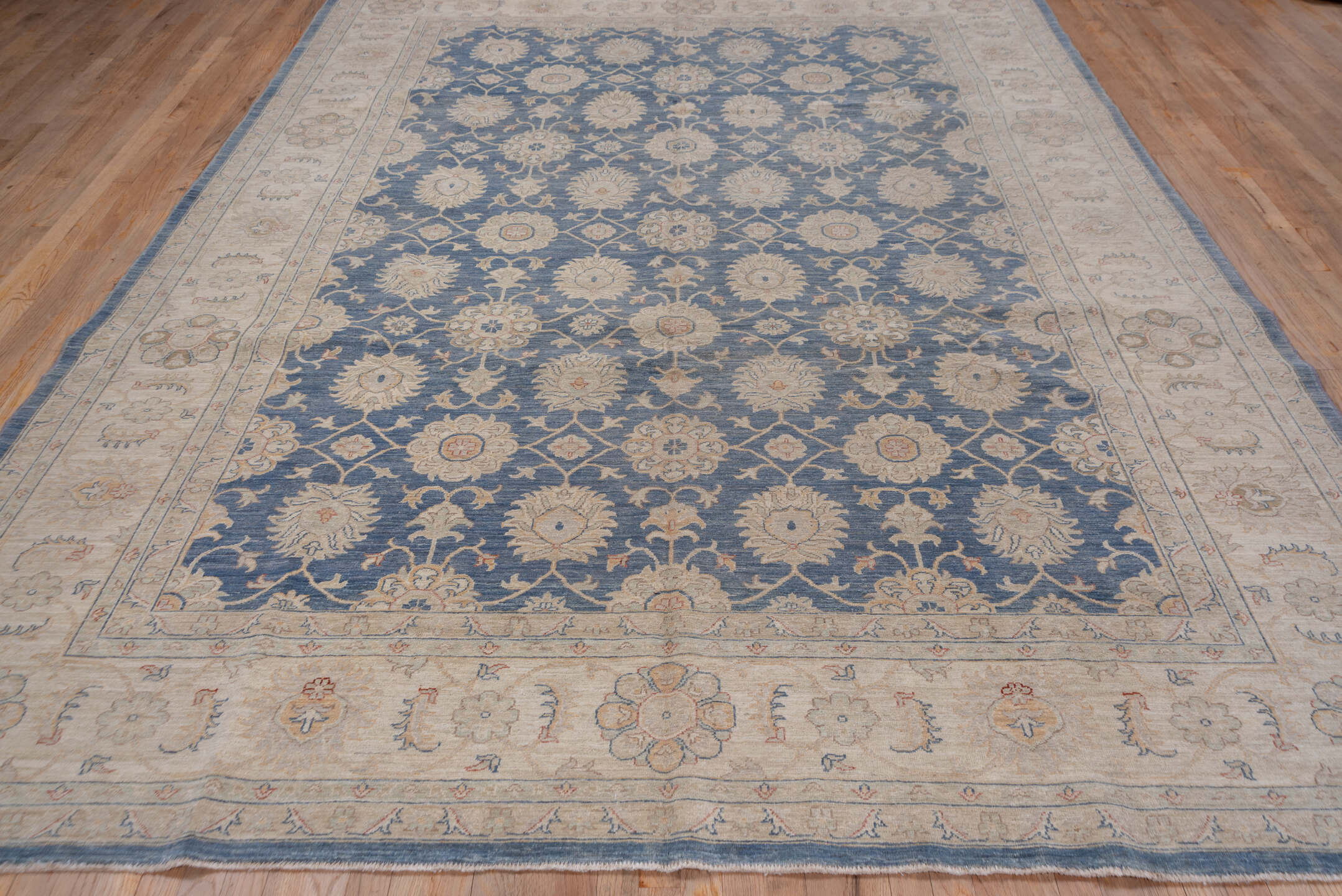 9' x 12' one-of-a-kind handmade vintage Afghan large size rug. Color palette: ivory, blue, beige, taupe, camel, slate