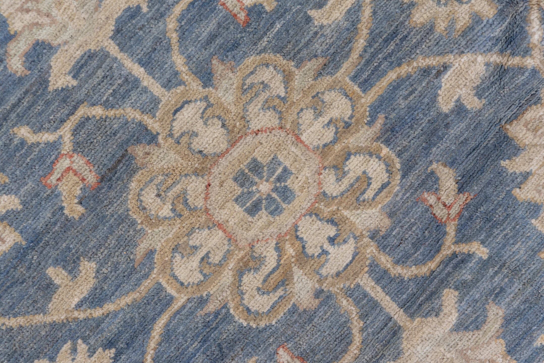 9' x 12' one-of-a-kind handmade vintage Afghan large size rug. Color palette: ivory, blue, beige, taupe, camel, slate