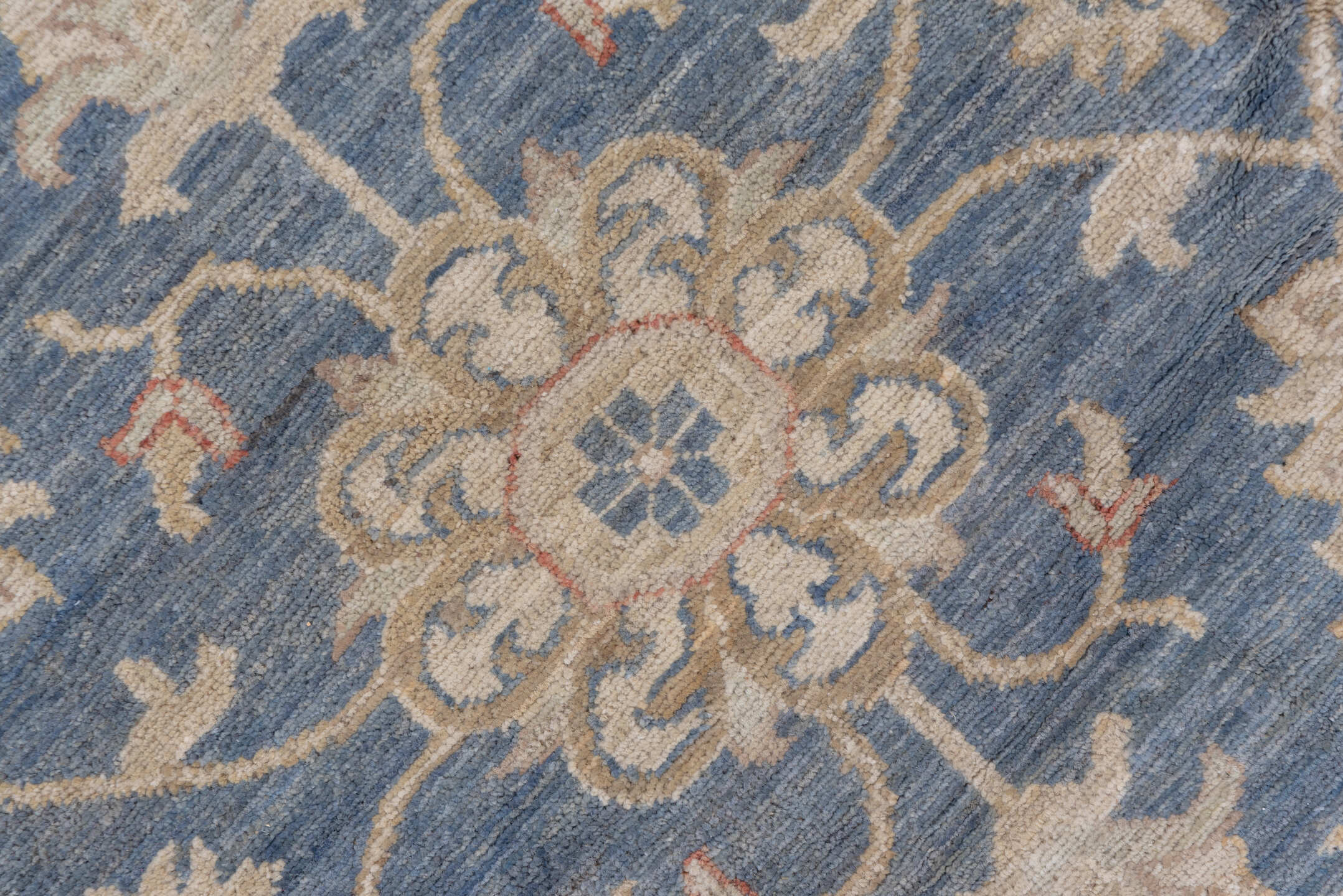 9' x 12' one-of-a-kind handmade vintage Afghan large size rug. Color palette: ivory, blue, beige, taupe, camel, slate