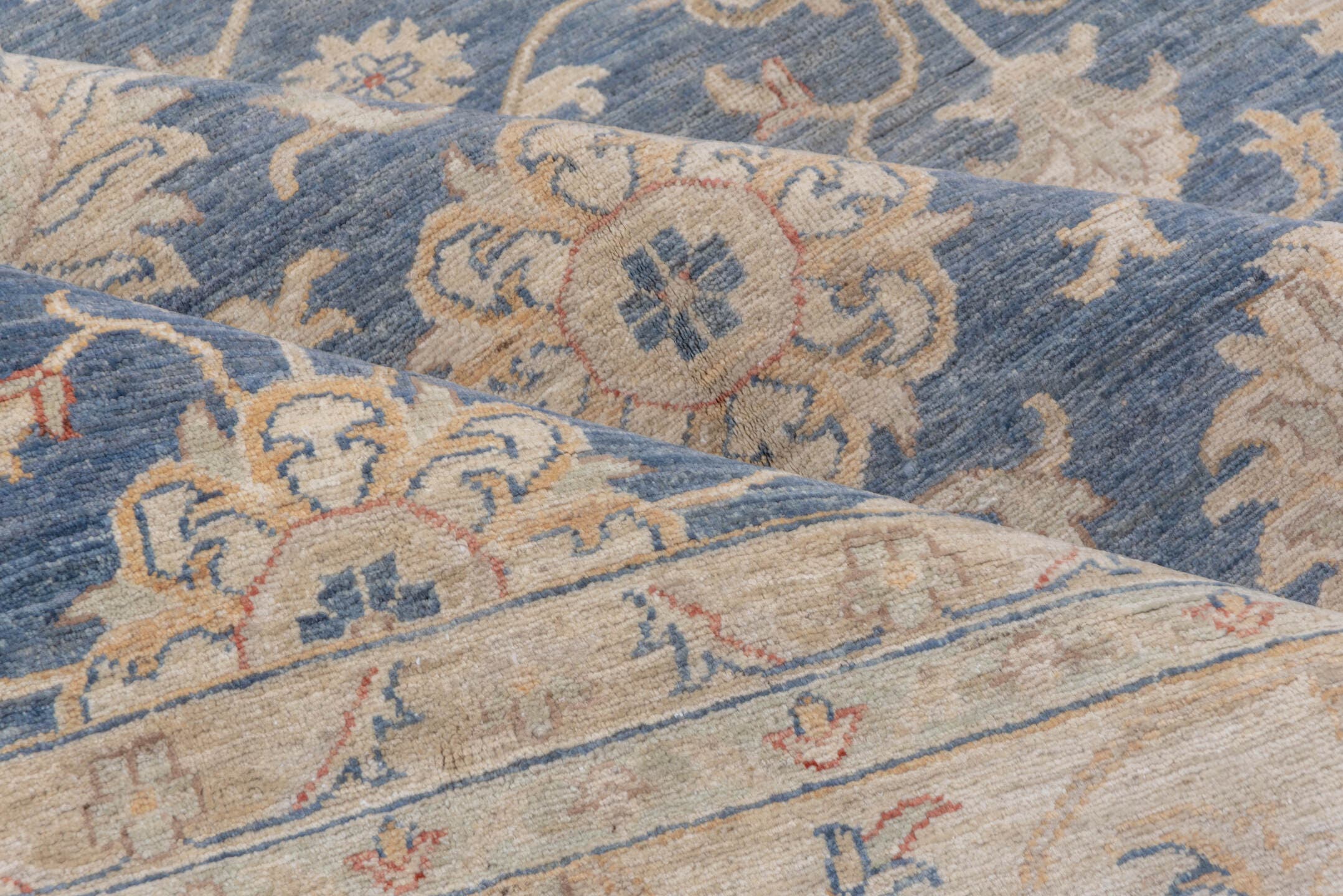 9' x 12' one-of-a-kind handmade vintage Afghan large size rug. Color palette: ivory, blue, beige, taupe, camel, slate