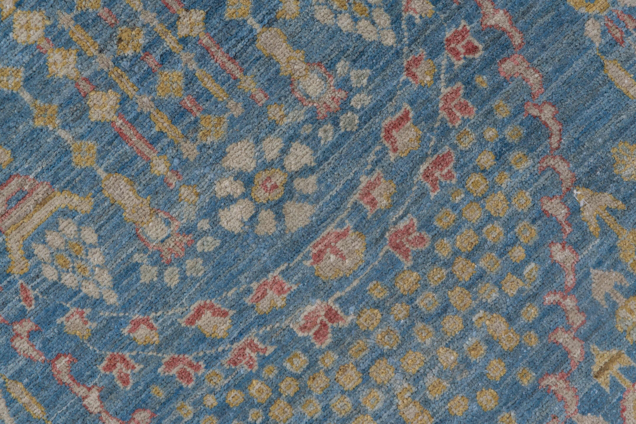 8' x 12' one-of-a-kind handmade vintage Afghan large size rug. Color palette: sky blue, ivory, gold, blush, beige, taupe