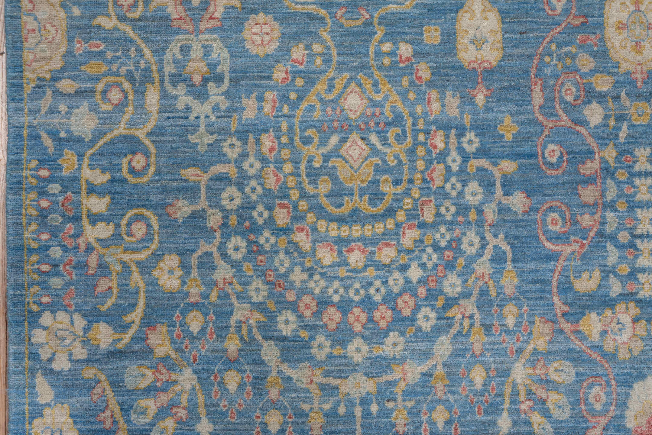 8' x 12' one-of-a-kind handmade vintage Afghan large size rug. Color palette: sky blue, ivory, gold, blush, beige, taupe