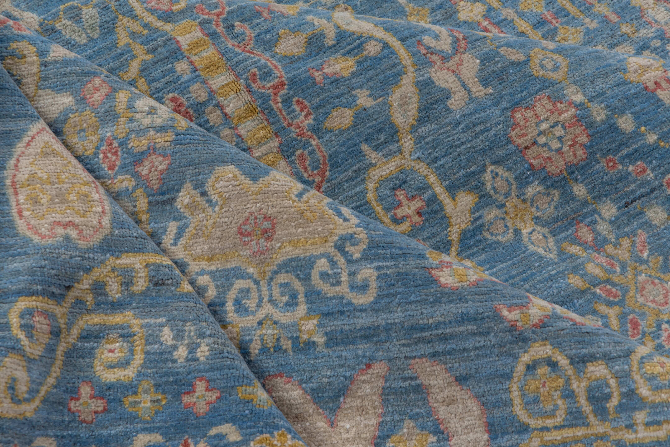 8' x 12' one-of-a-kind handmade vintage Afghan large size rug. Color palette: sky blue, ivory, gold, blush, beige, taupe