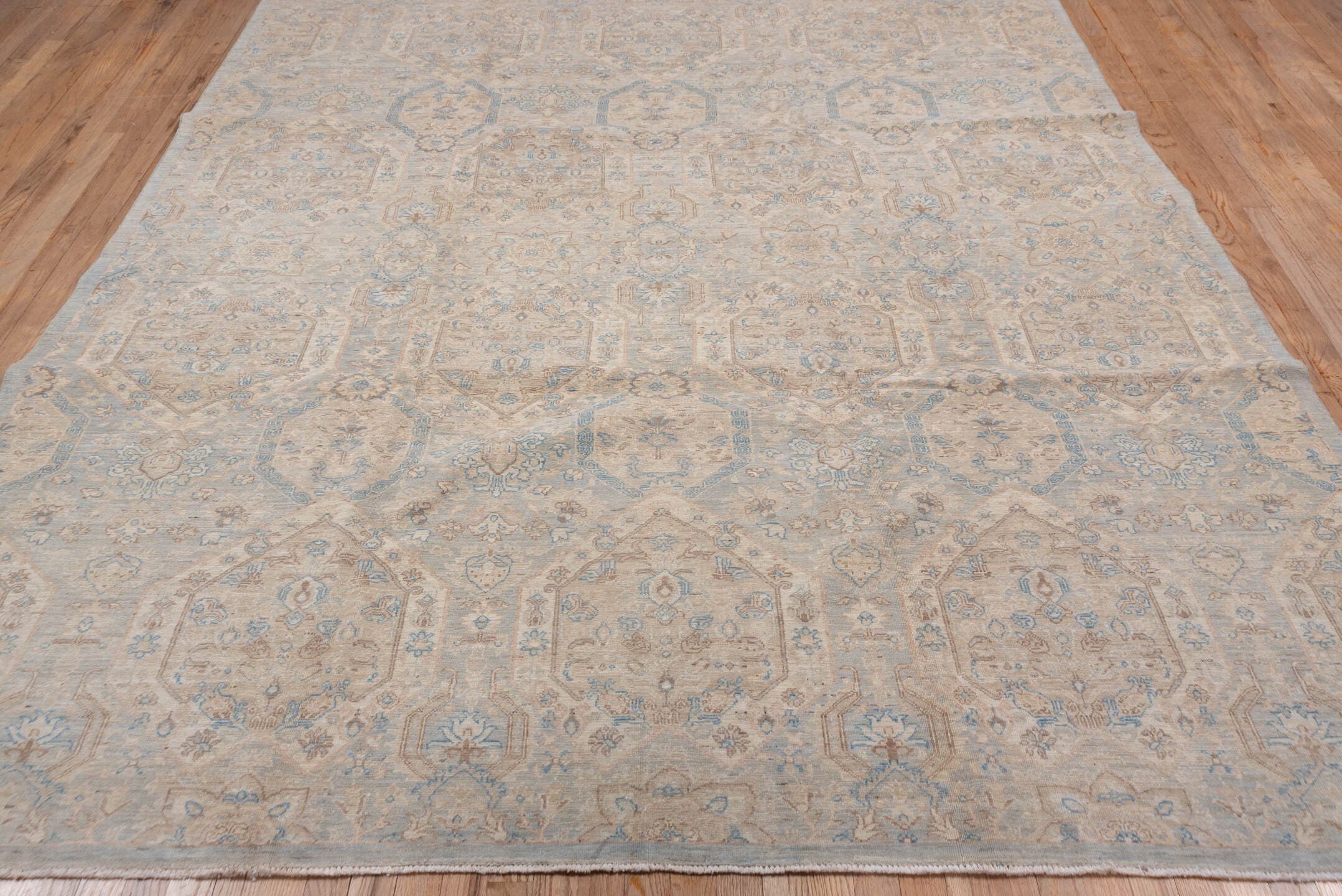 8' x 9' one-of-a-kind handmade vintage Afghan rug. Color palette: ivory, light blue, beige, taupe, cream, pale gray, gray