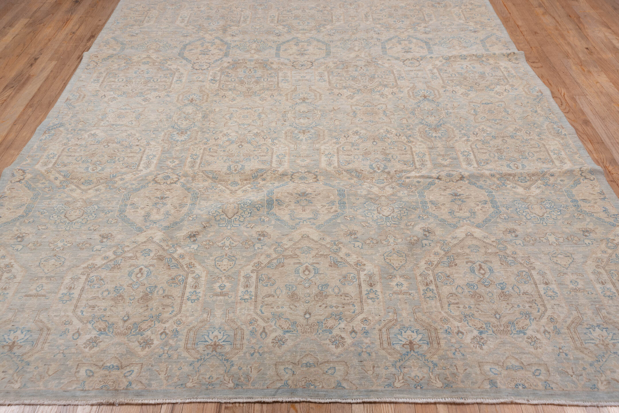 8' x 9' one-of-a-kind handmade vintage Afghan rug. Color palette: ivory, light blue, beige, taupe, cream, pale gray, gray