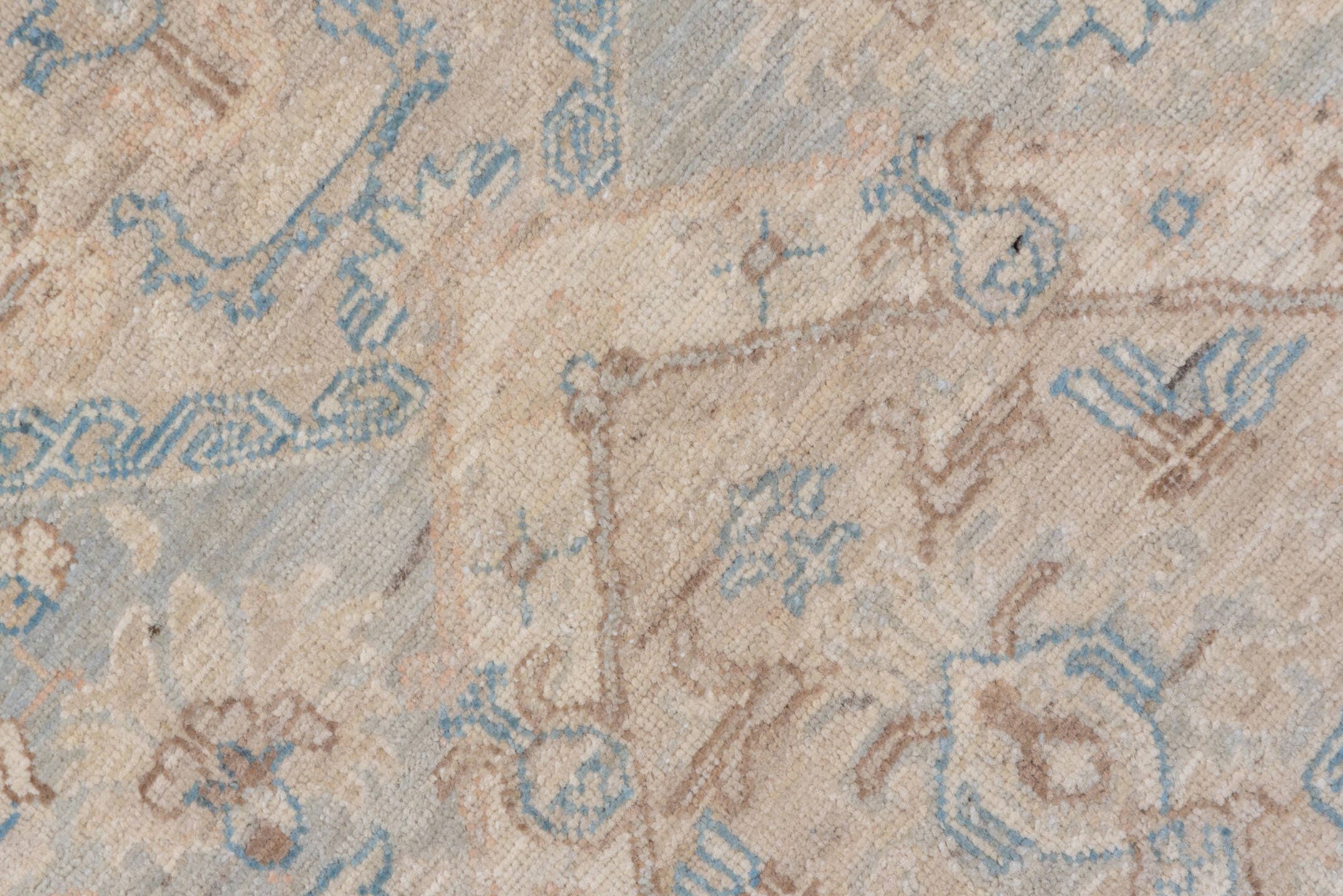 8' x 9' one-of-a-kind handmade vintage Afghan rug. Color palette: ivory, light blue, beige, taupe, cream, pale gray, gray