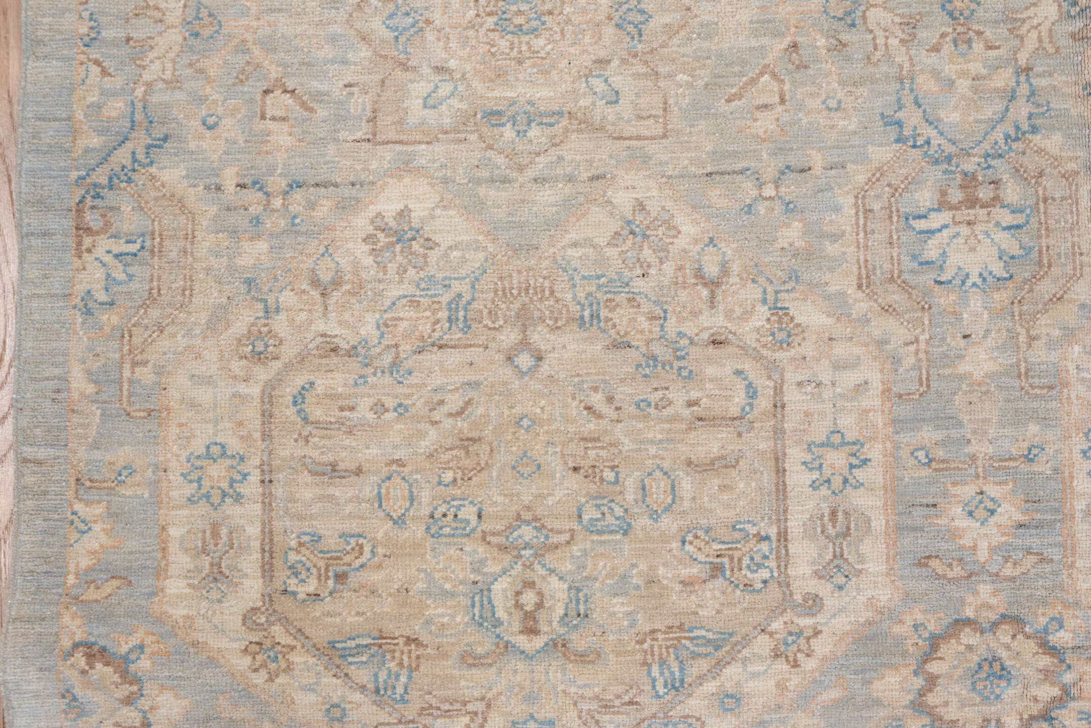 8' x 9' one-of-a-kind handmade vintage Afghan rug. Color palette: ivory, light blue, beige, taupe, cream, pale gray, gray