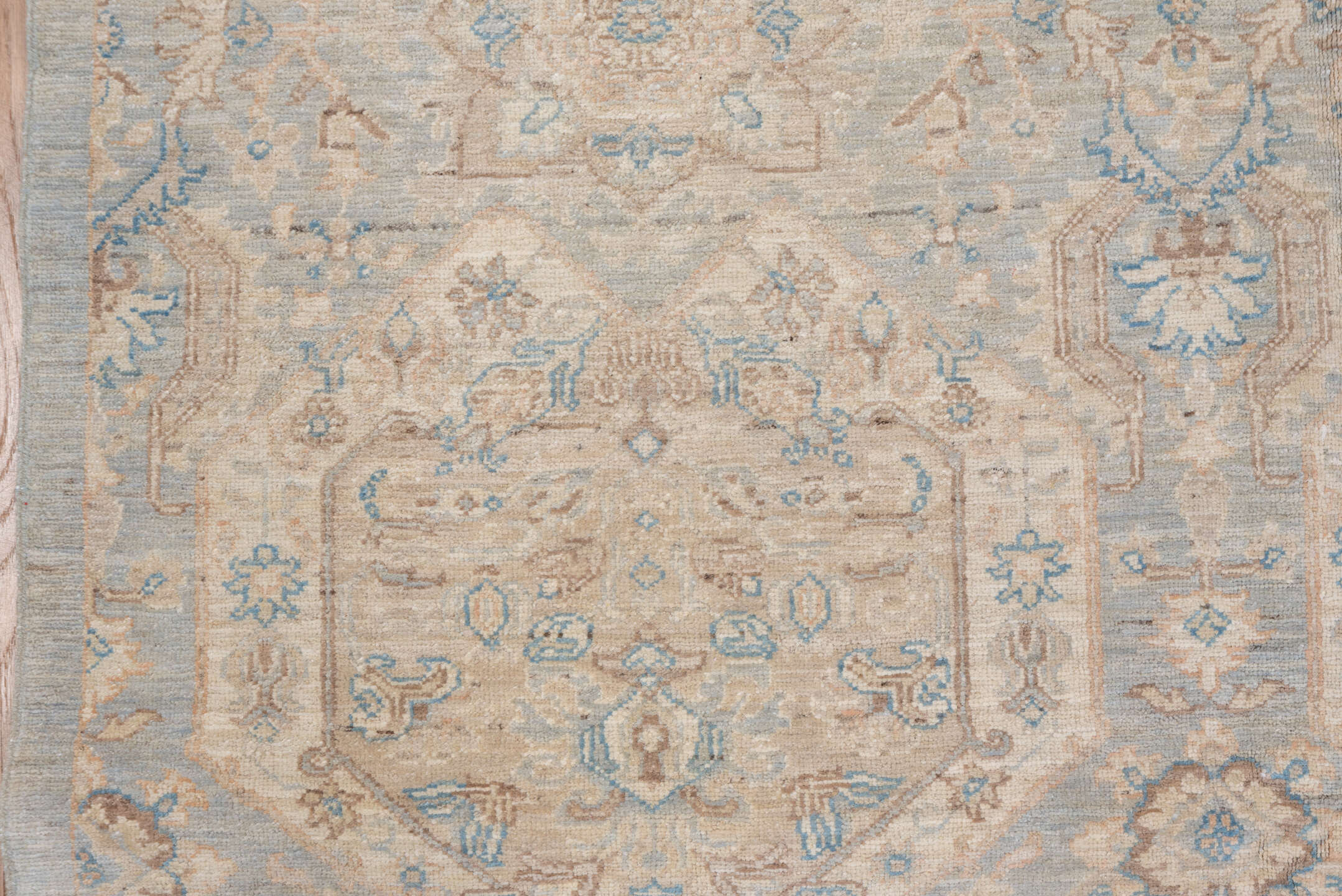 8' x 9' one-of-a-kind handmade vintage Afghan rug. Color palette: ivory, light blue, beige, taupe, cream, pale gray, gray