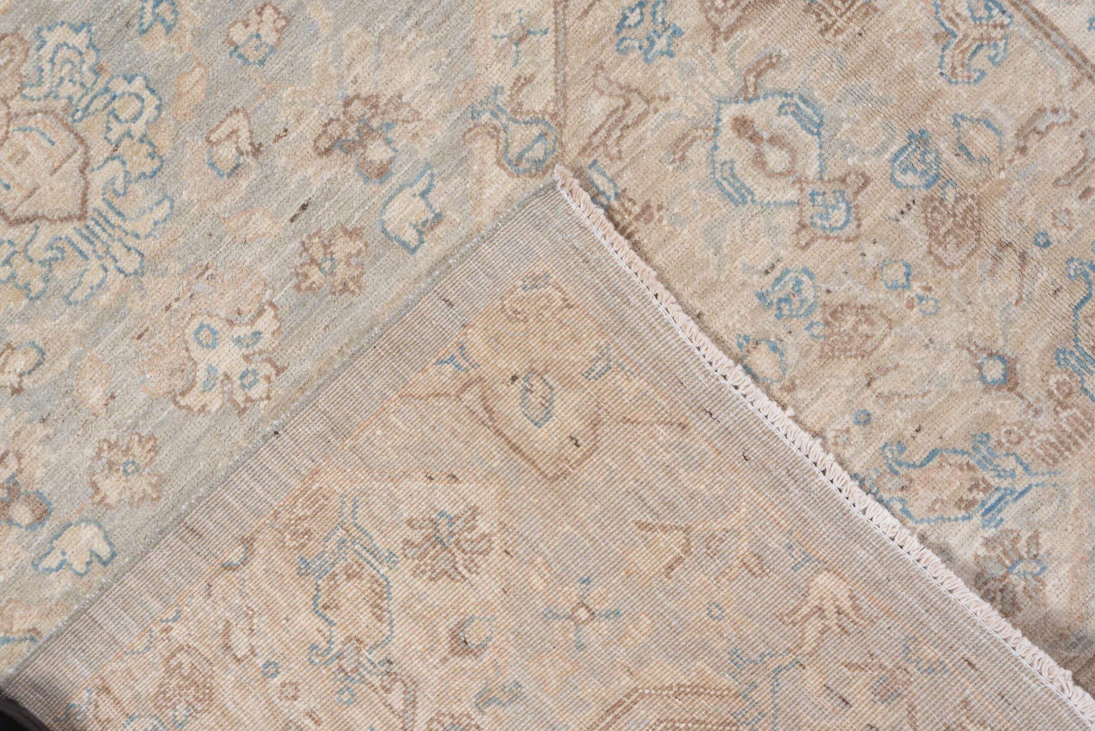 8' x 9' one-of-a-kind handmade vintage Afghan rug. Color palette: ivory, light blue, beige, taupe, cream, pale gray, gray