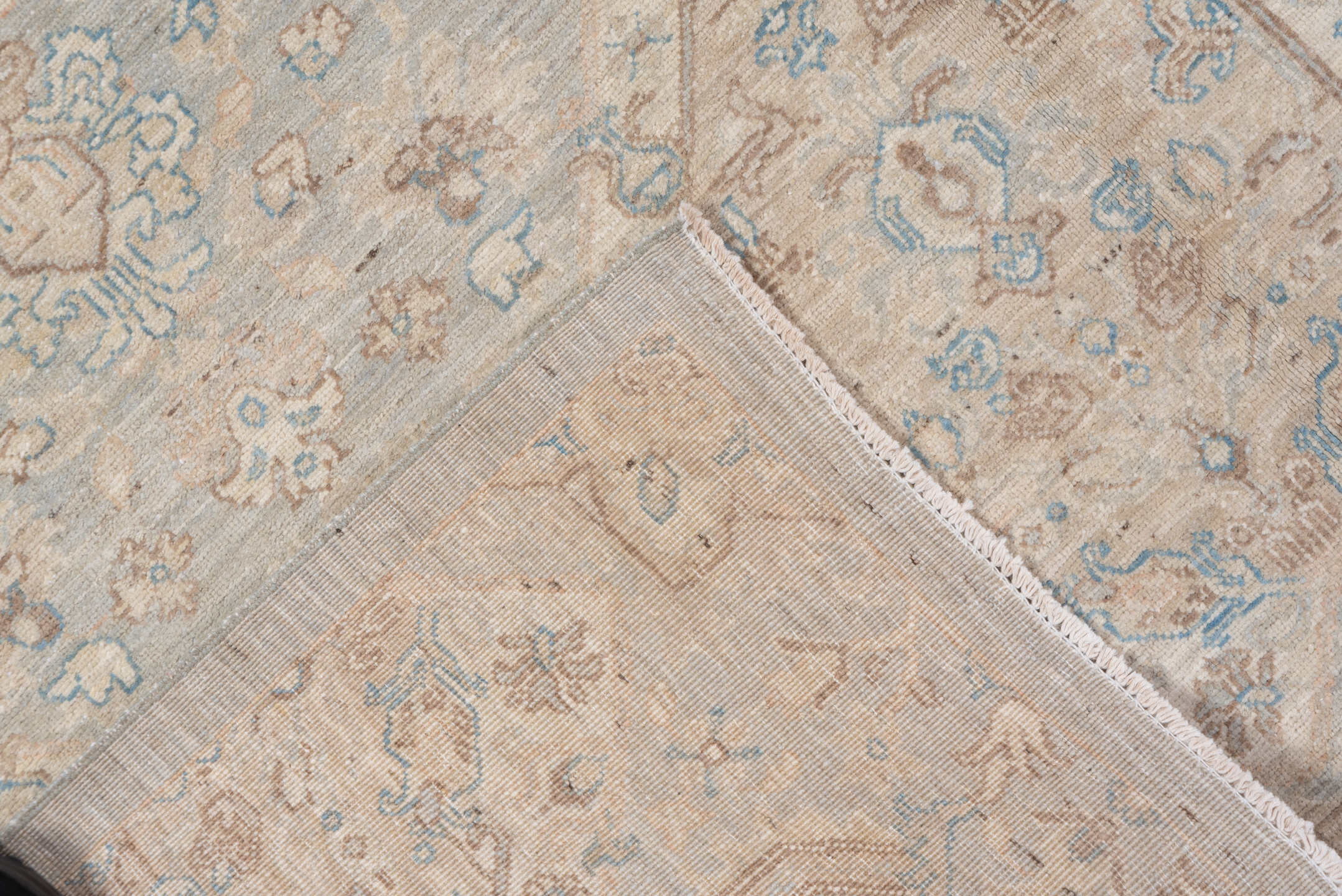8' x 9' one-of-a-kind handmade vintage Afghan rug. Color palette: ivory, light blue, beige, taupe, cream, pale gray, gray