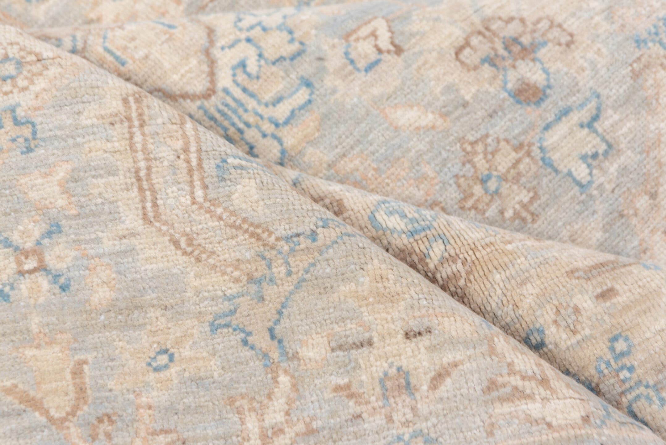 8' x 9' one-of-a-kind handmade vintage Afghan rug. Color palette: ivory, light blue, beige, taupe, cream, pale gray, gray