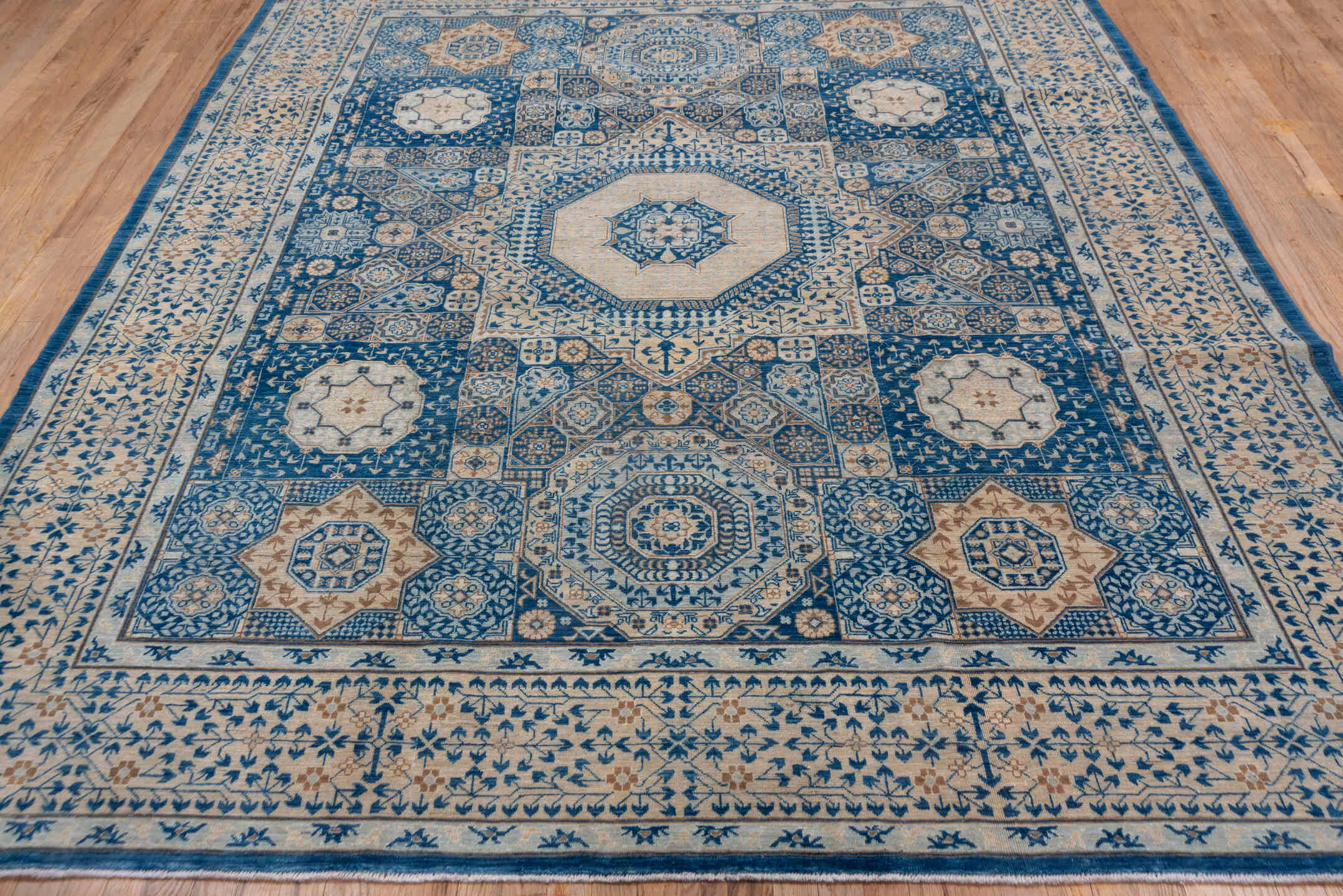 8' x 10' one-of-a-kind handmade vintage Afghan large size rug. Color palette: ivory, blue, camel, taupe, slate, beige, gray