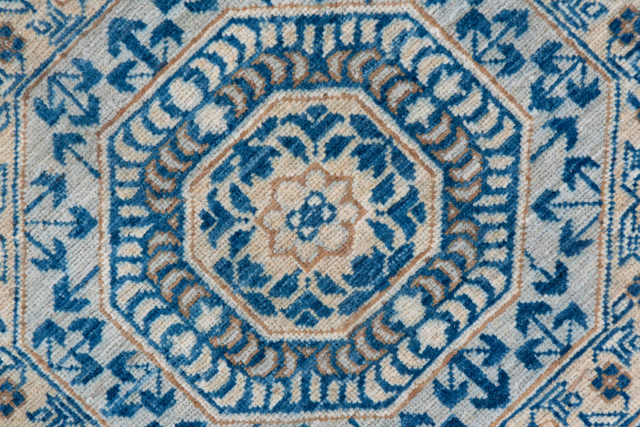 8' x 10' one-of-a-kind handmade vintage Afghan large size rug. Color palette: ivory, blue, camel, taupe, slate, beige, gray